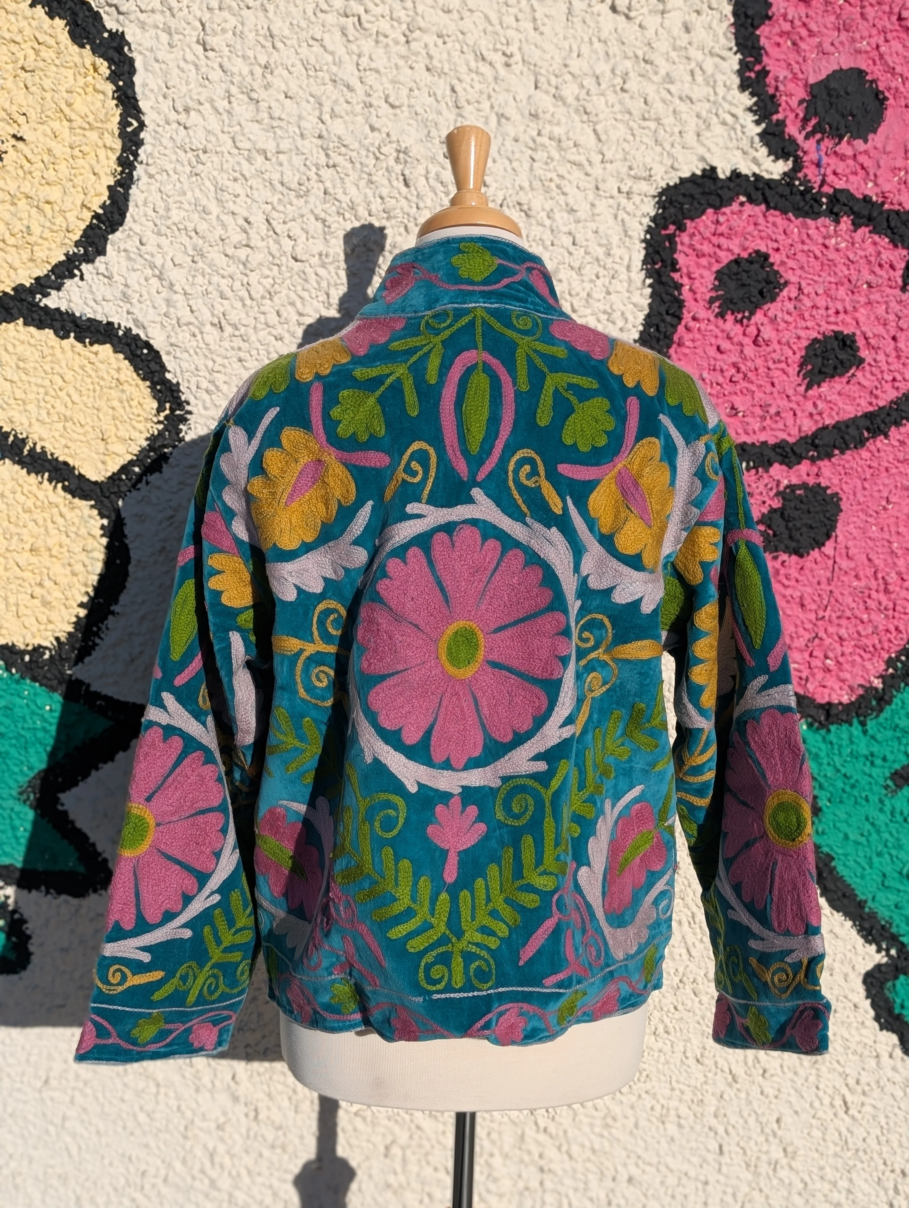 Teal & Pink Velvet Suzani Collared Embroidered Boho Jacket - Image 4