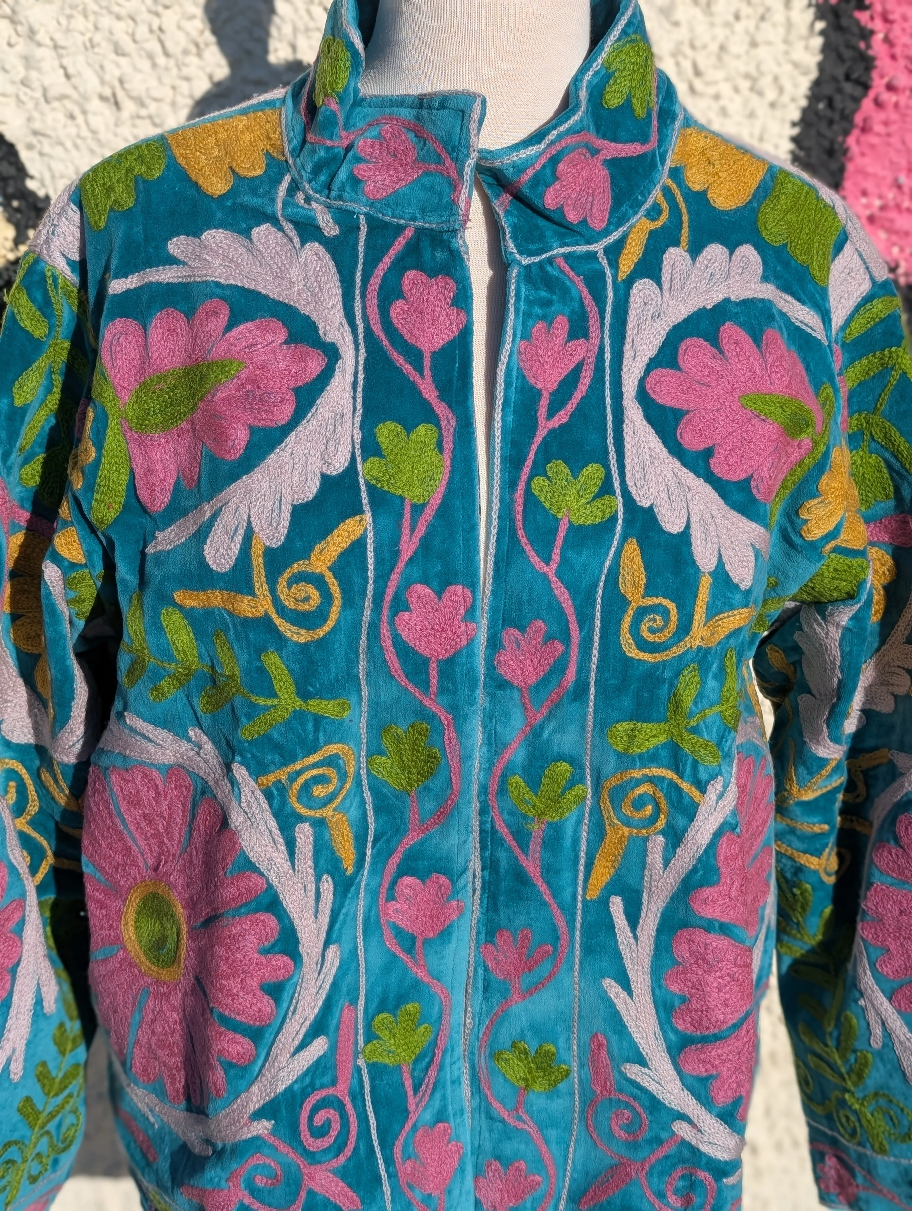 Teal & Pink Velvet Suzani Collared Embroidered Boho Jacket - Image 5
