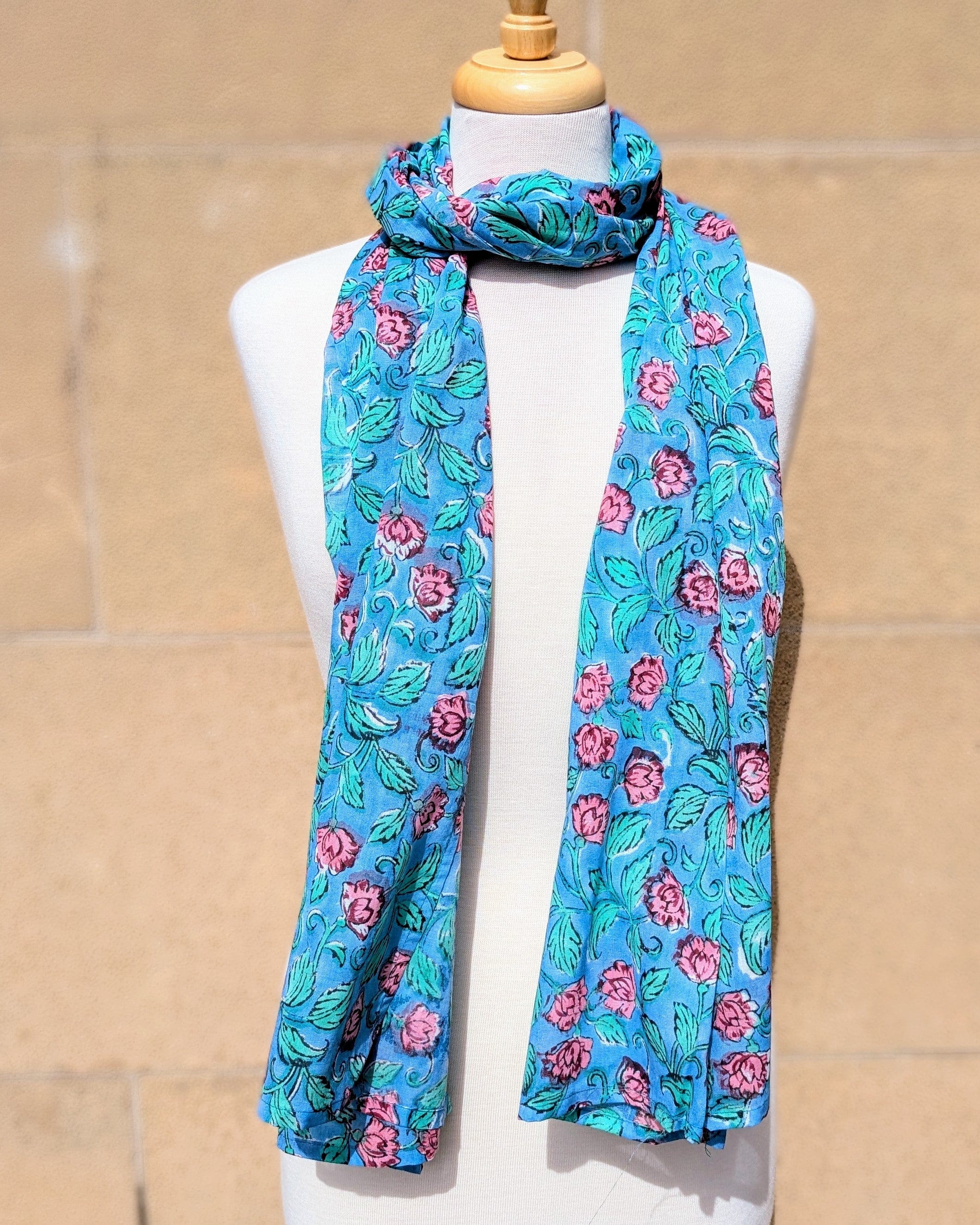 Teal & Red Rose Block Print Scarf