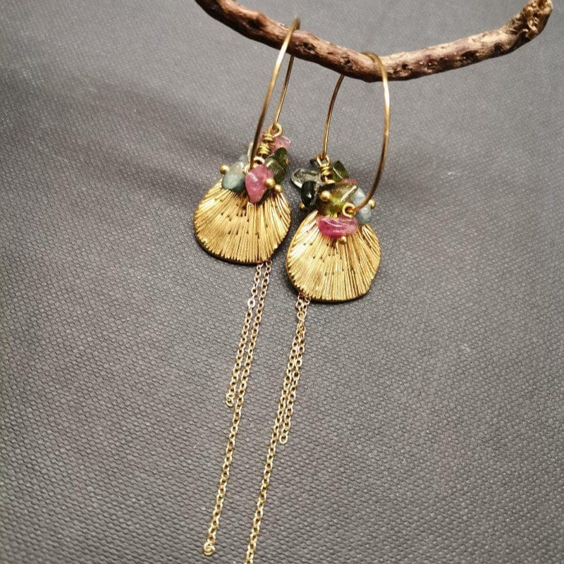 Tourmaline and Gold Shell Hoop Earrings