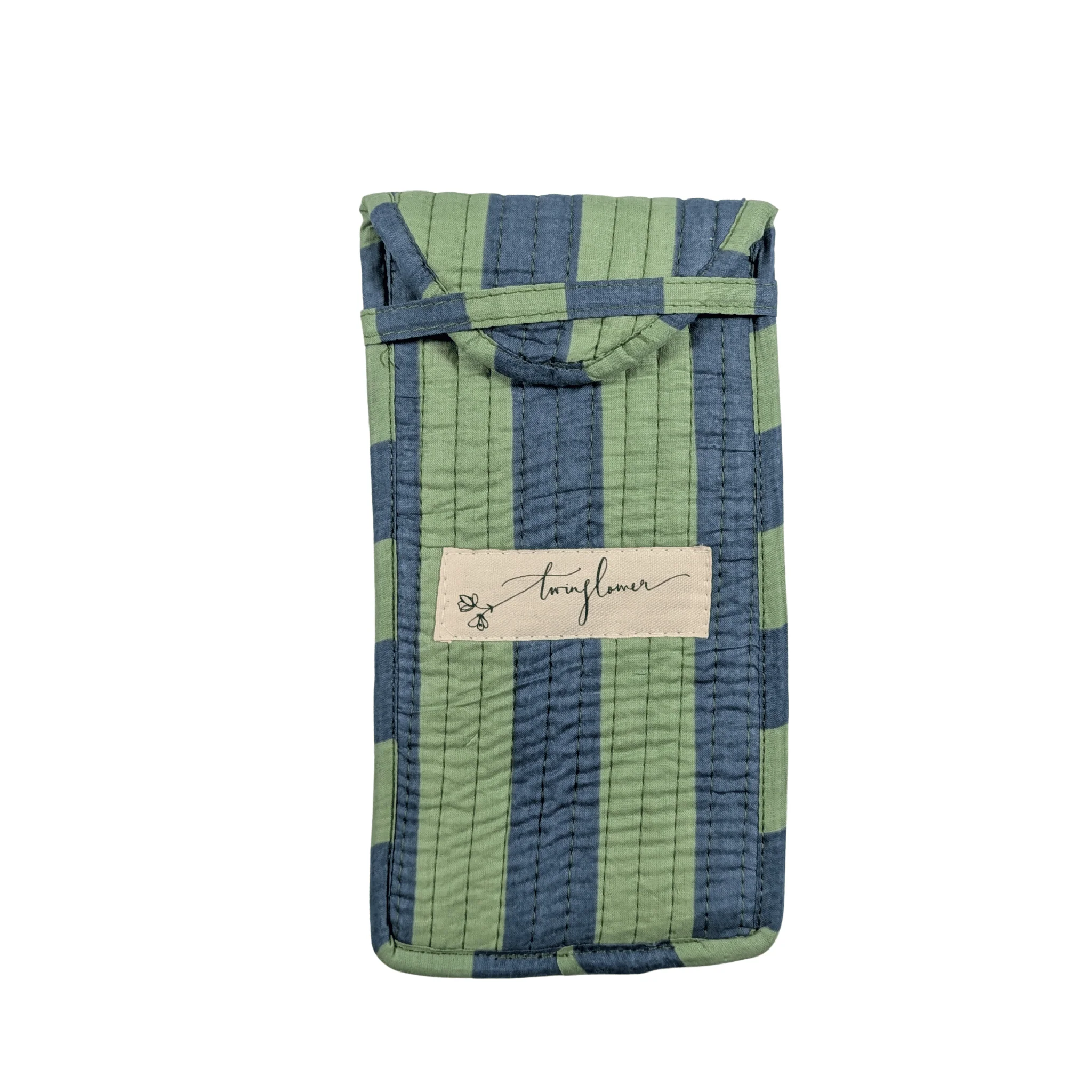 Twinflower Blue & Green Striped Print Quilted Glasses Case