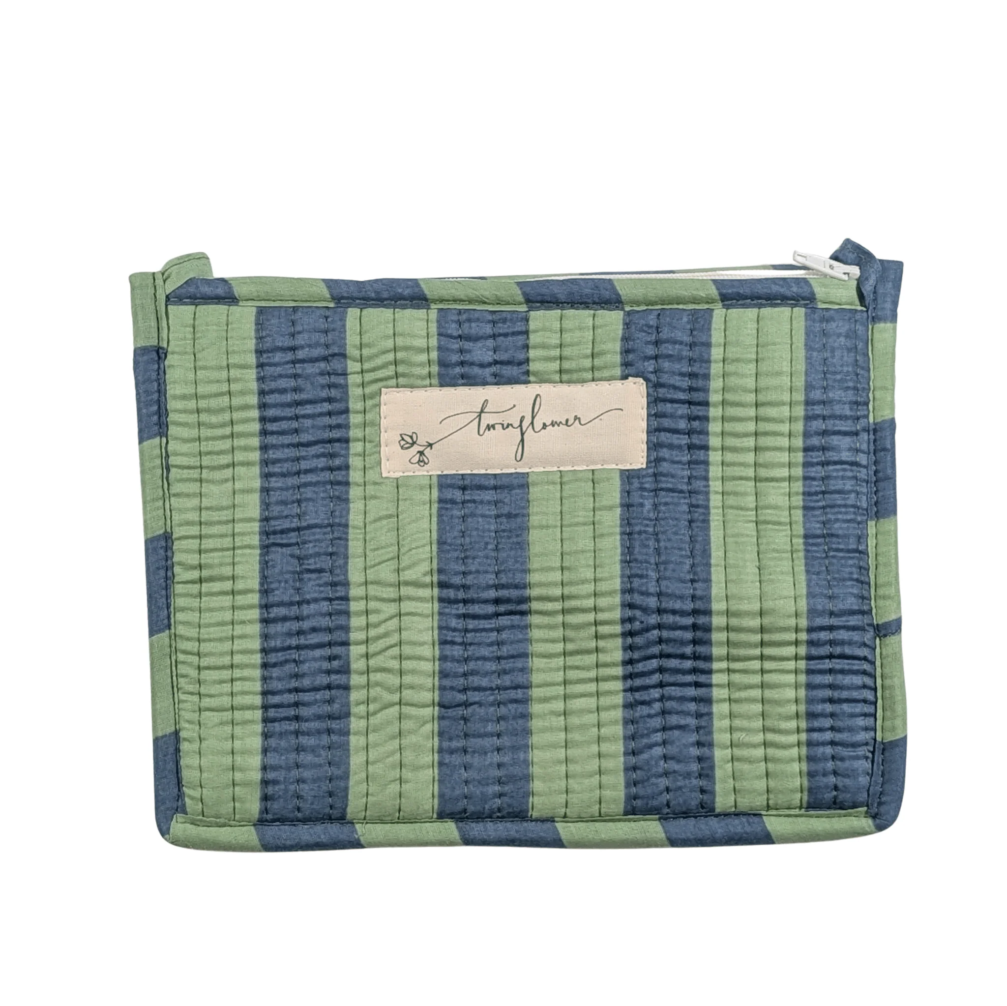 Twinflower Blue & Green Striped Quilted Medium Pouch Purse