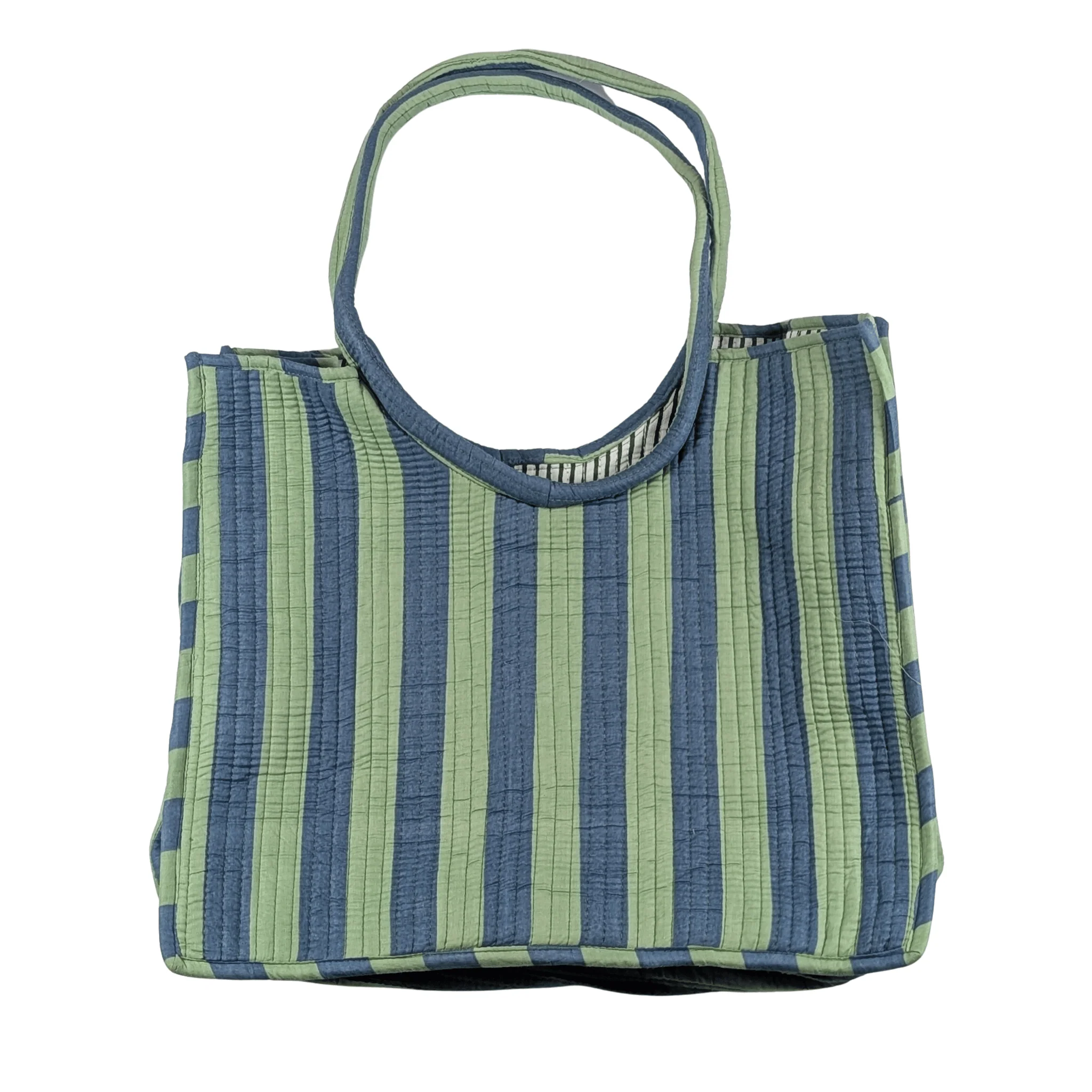Twinflower Blue & Green Striped Round Handle Quilted Tote Bag