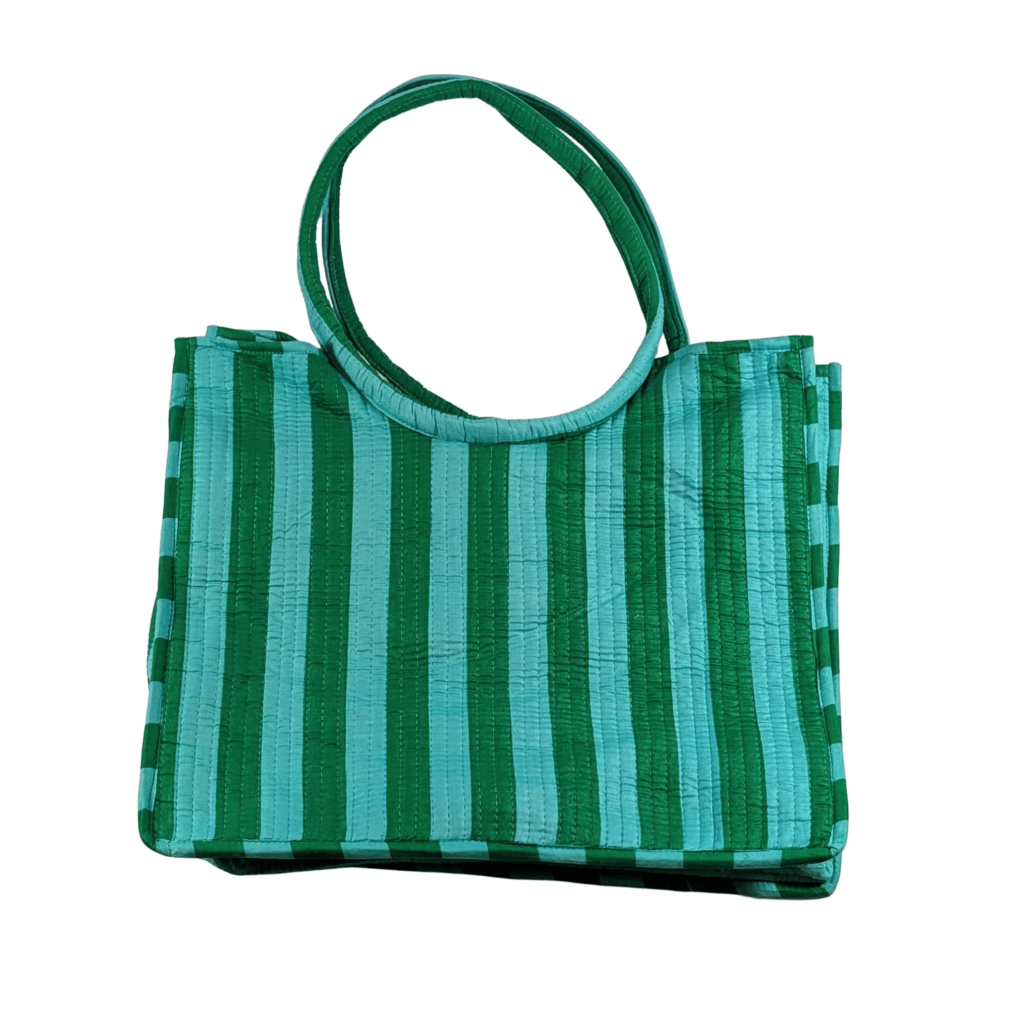 Twinflower Green & Aqua Striped Round Handle Quilted Tote Bag