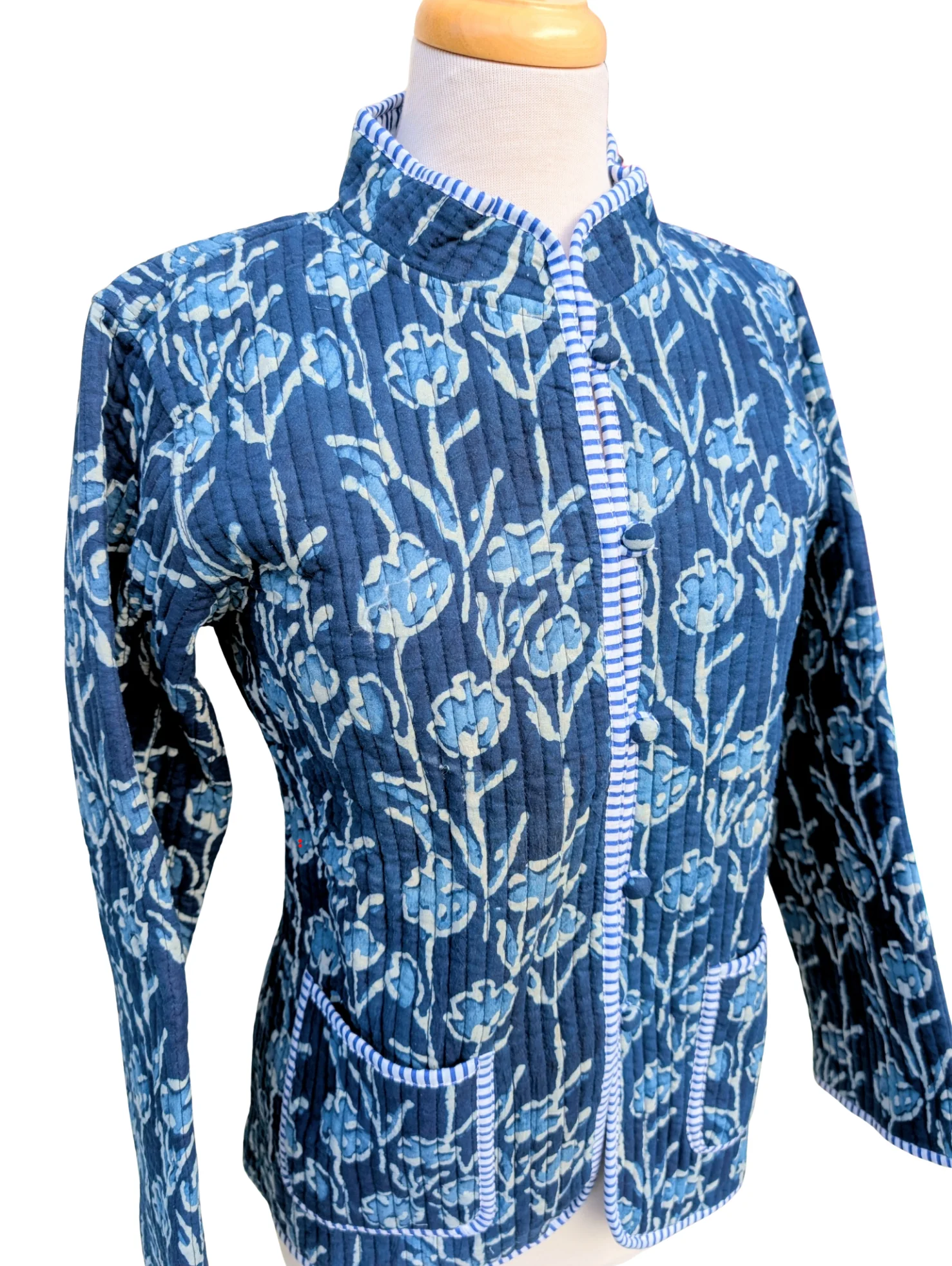 Twinflower Indigo Quilted Block Print Reversible Jacket - Image 3