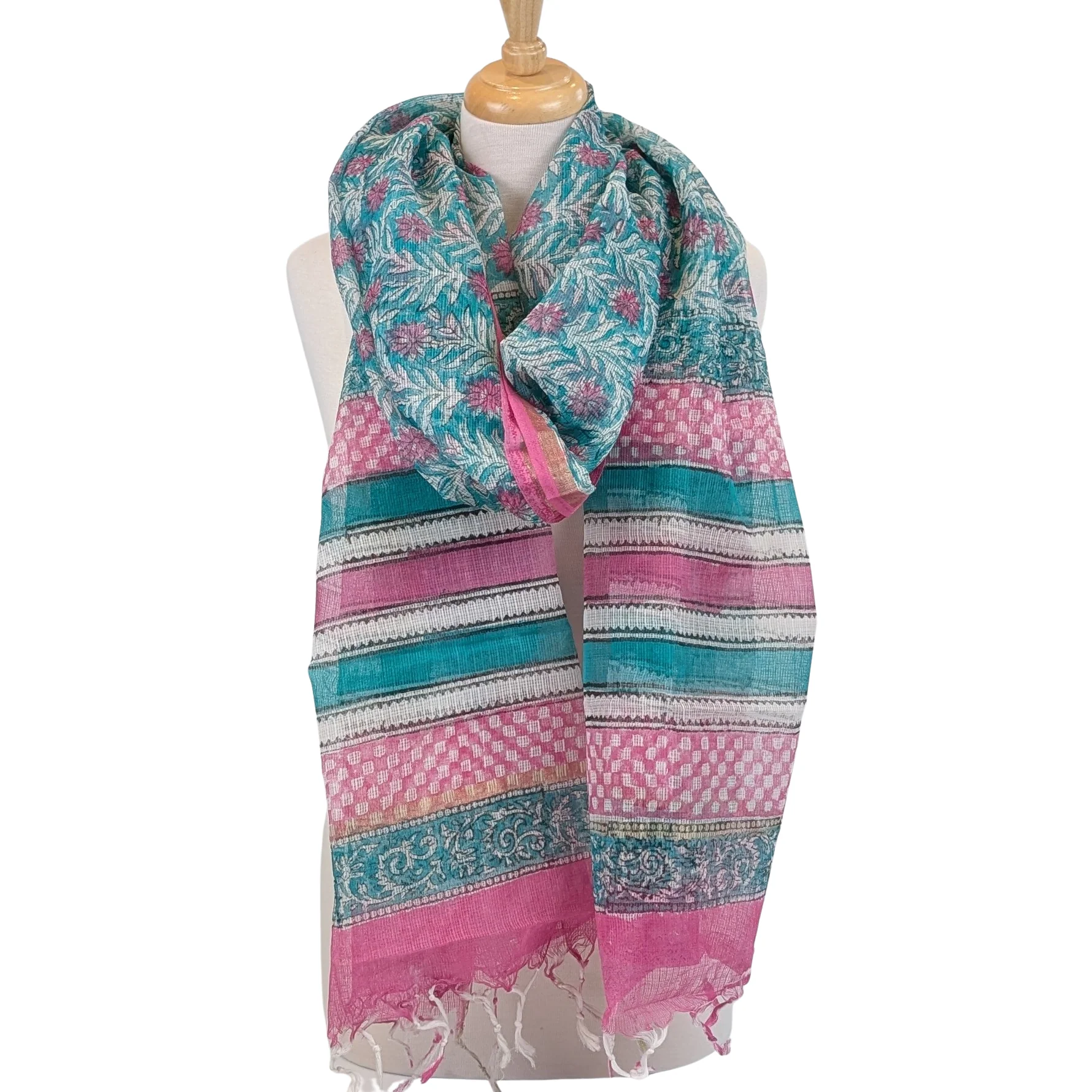 Twinflower Pink & Aqua Oversized Cotton/Silk Scarf