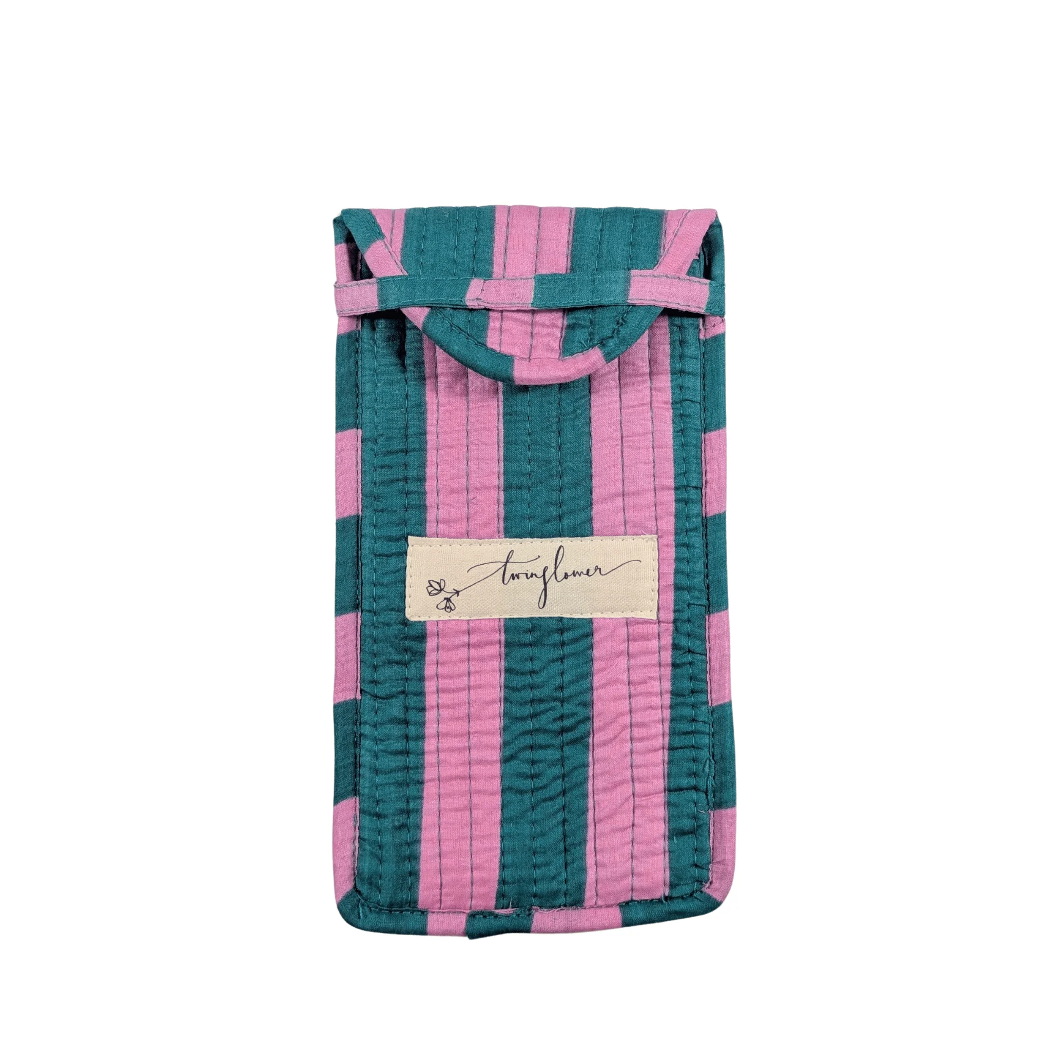 Twinflower Pink & Teal Striped Print Quilted Glasses Case