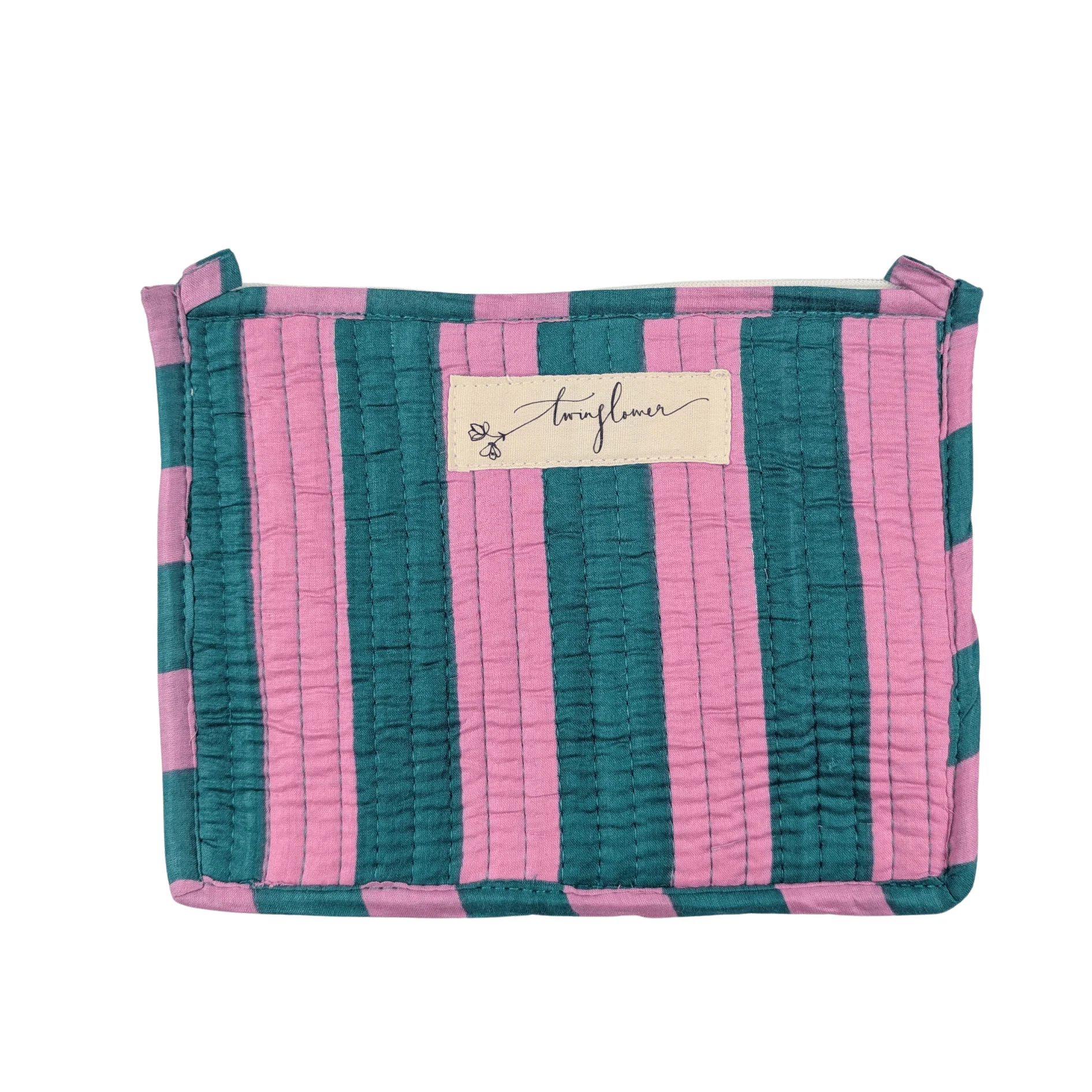 Twinflower Pink & Teal Striped Quilted Medium Pouch Purse