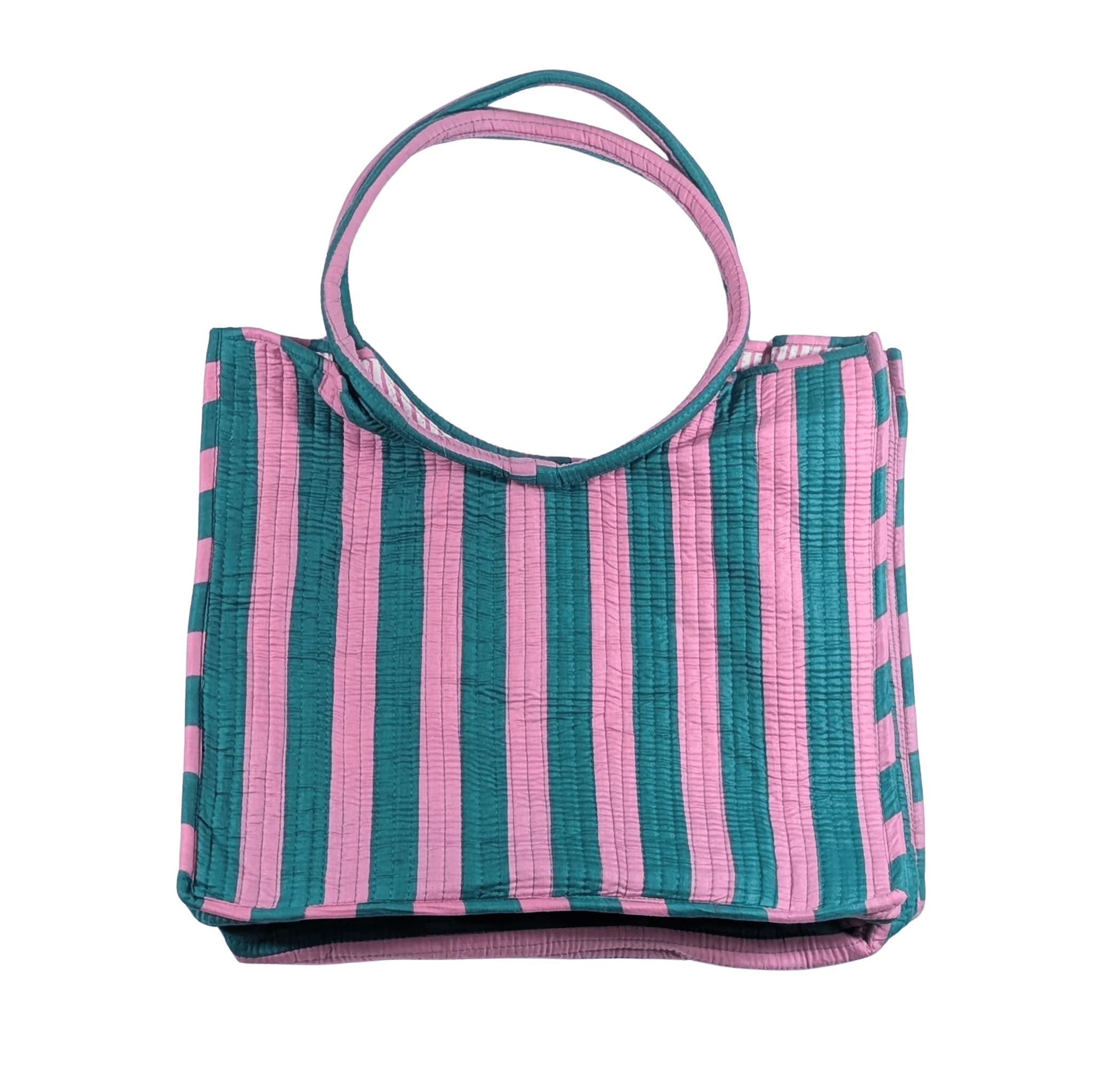 Twinflower Pink & Teal Striped Round Handle Quilted Tote Bag