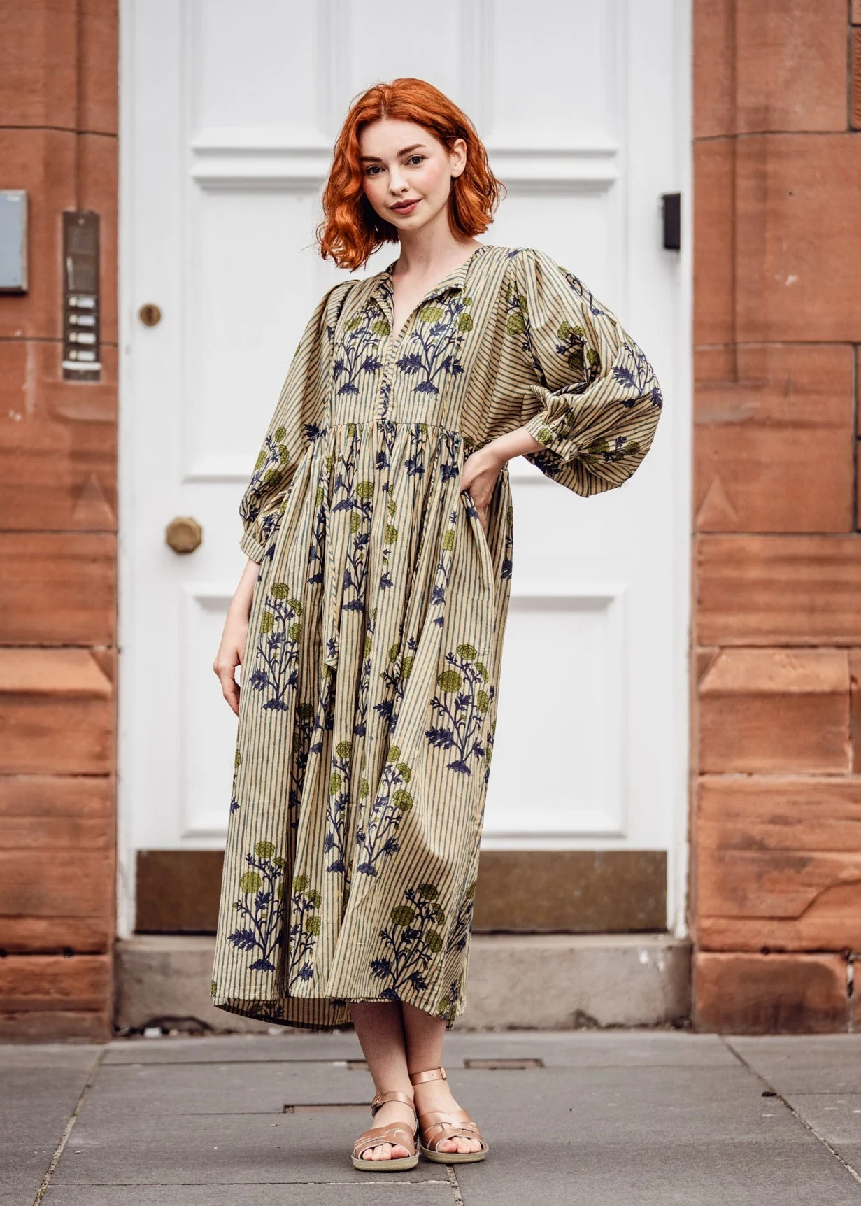 Twinflower Roberta Block Print Dress in Blue Floral Stripe