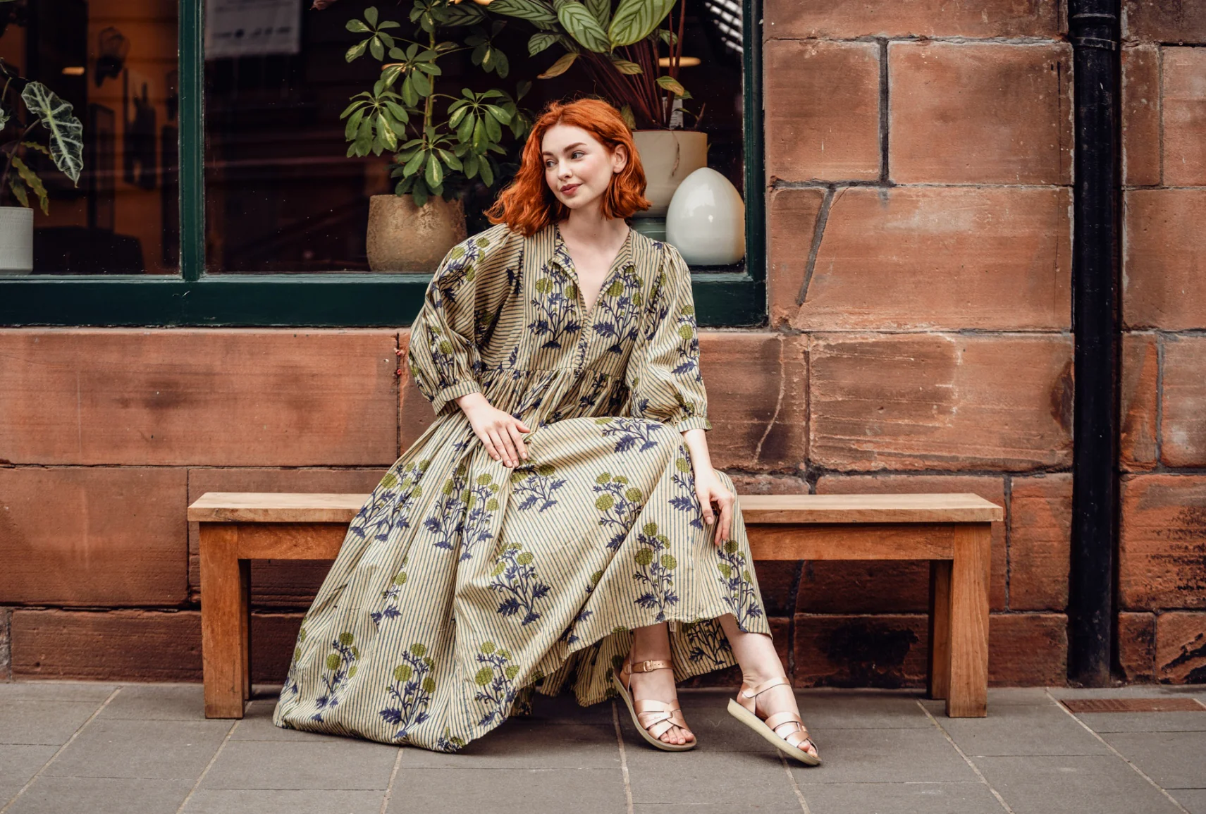 Twinflower Roberta Block Print Dress in Blue Floral Stripe - Image 2