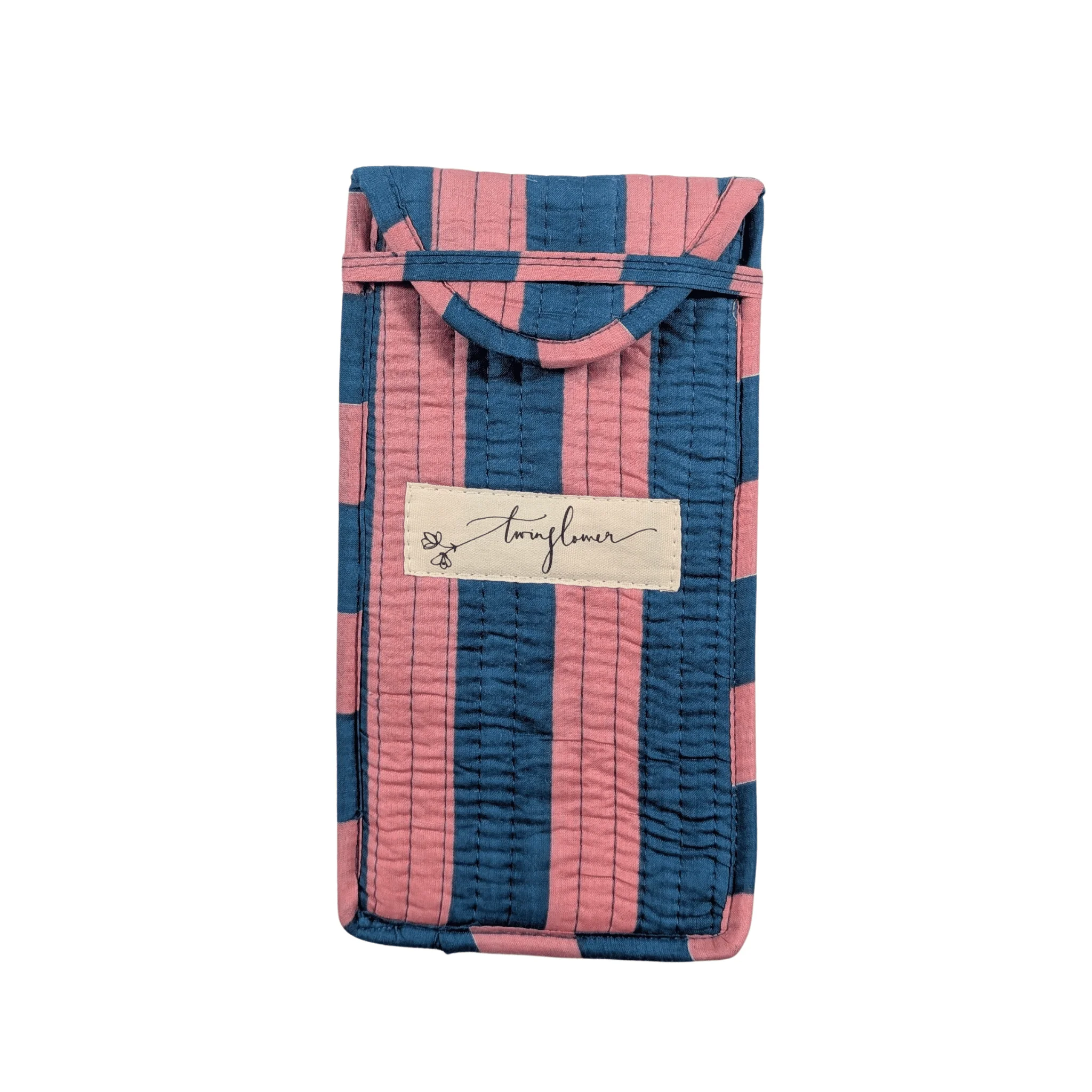 Twinflower Teal & Peach Striped Print Quilted Glasses Case
