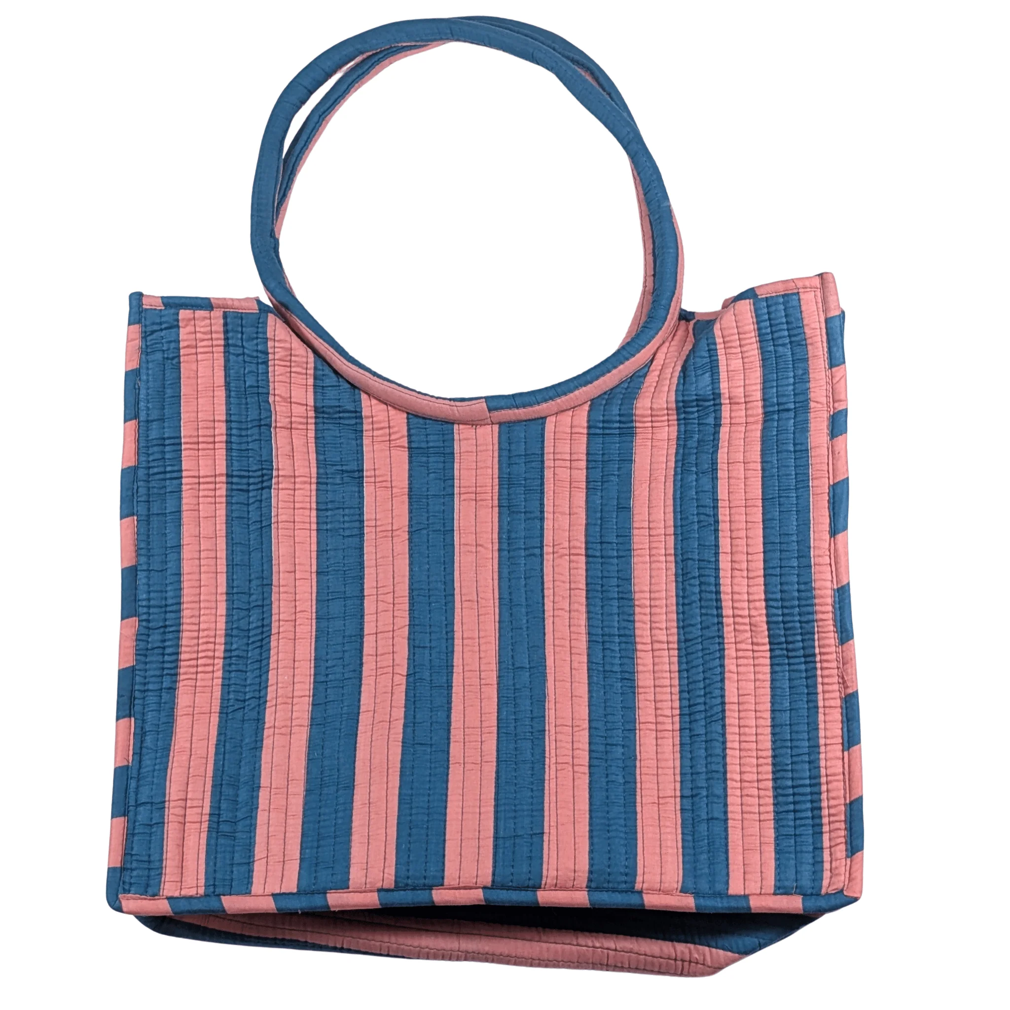 Twinflower Teal & Peach Striped Round Handle Quilted Tote Bag