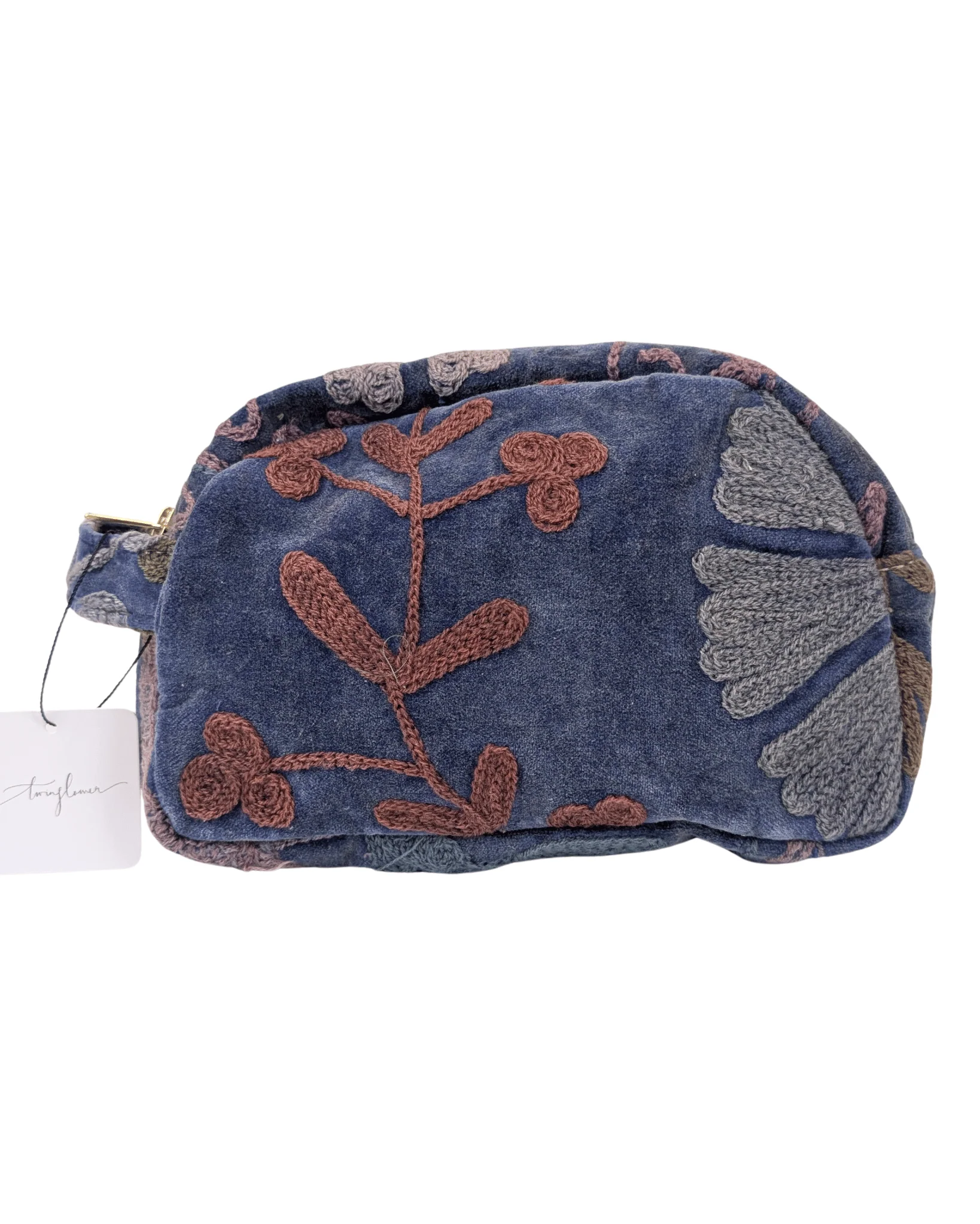 Twinflower Velvet Suzani Pouch Makeup Bag Blue