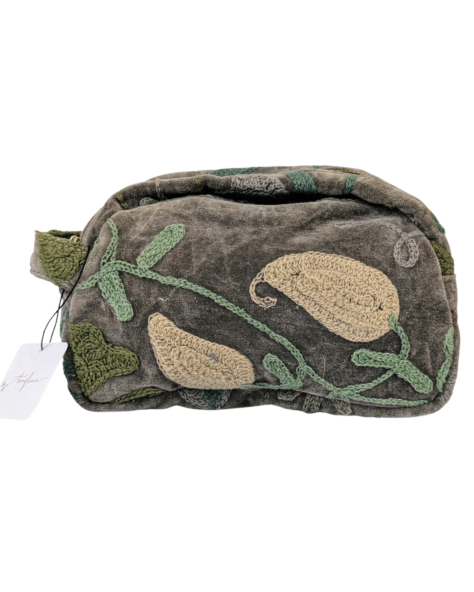 Twinflower Velvet Suzani Pouch Makeup Bag Grey
