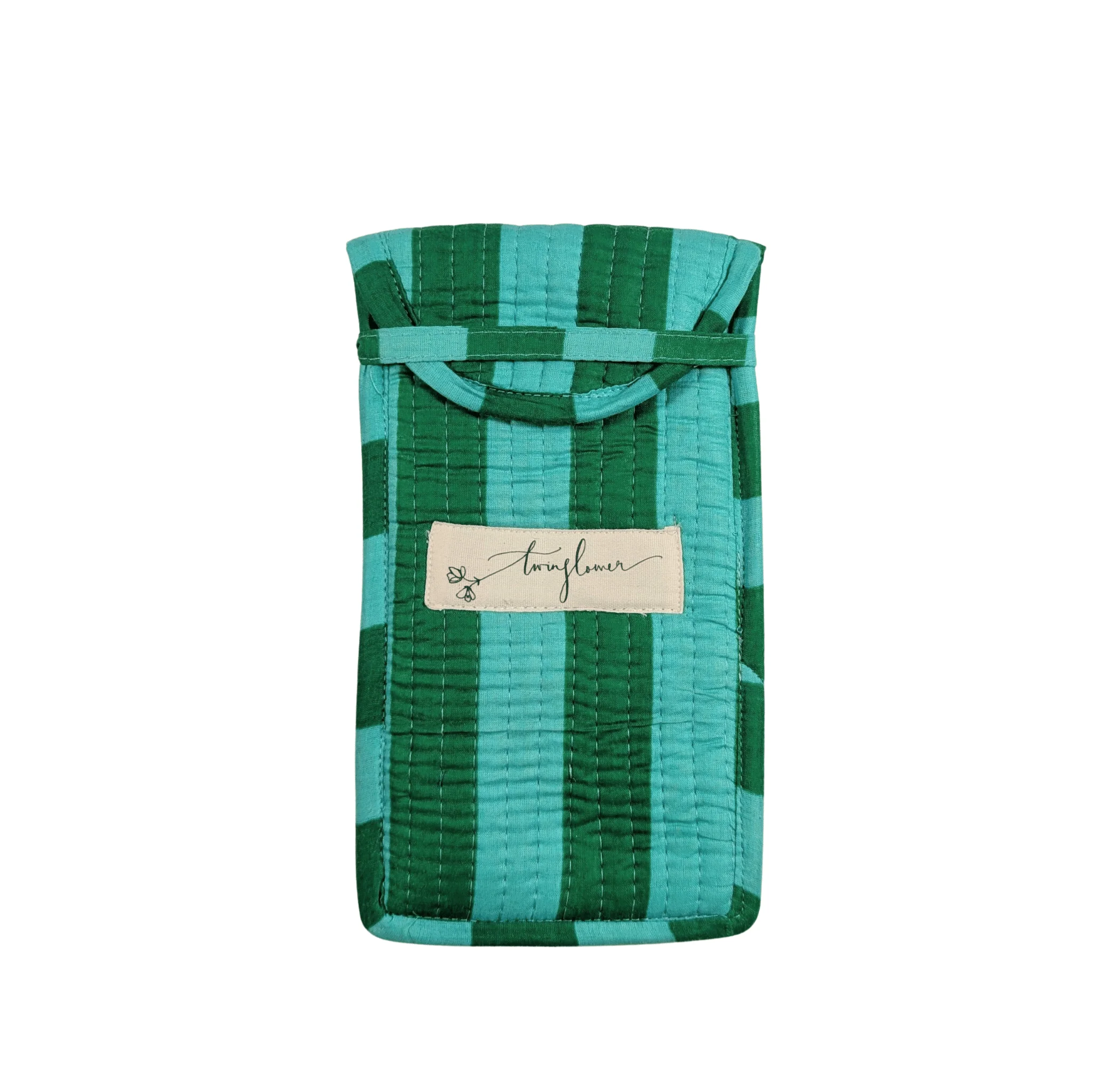 TwinflowerGreen & Aqua Striped Print Quilted Glasses Case