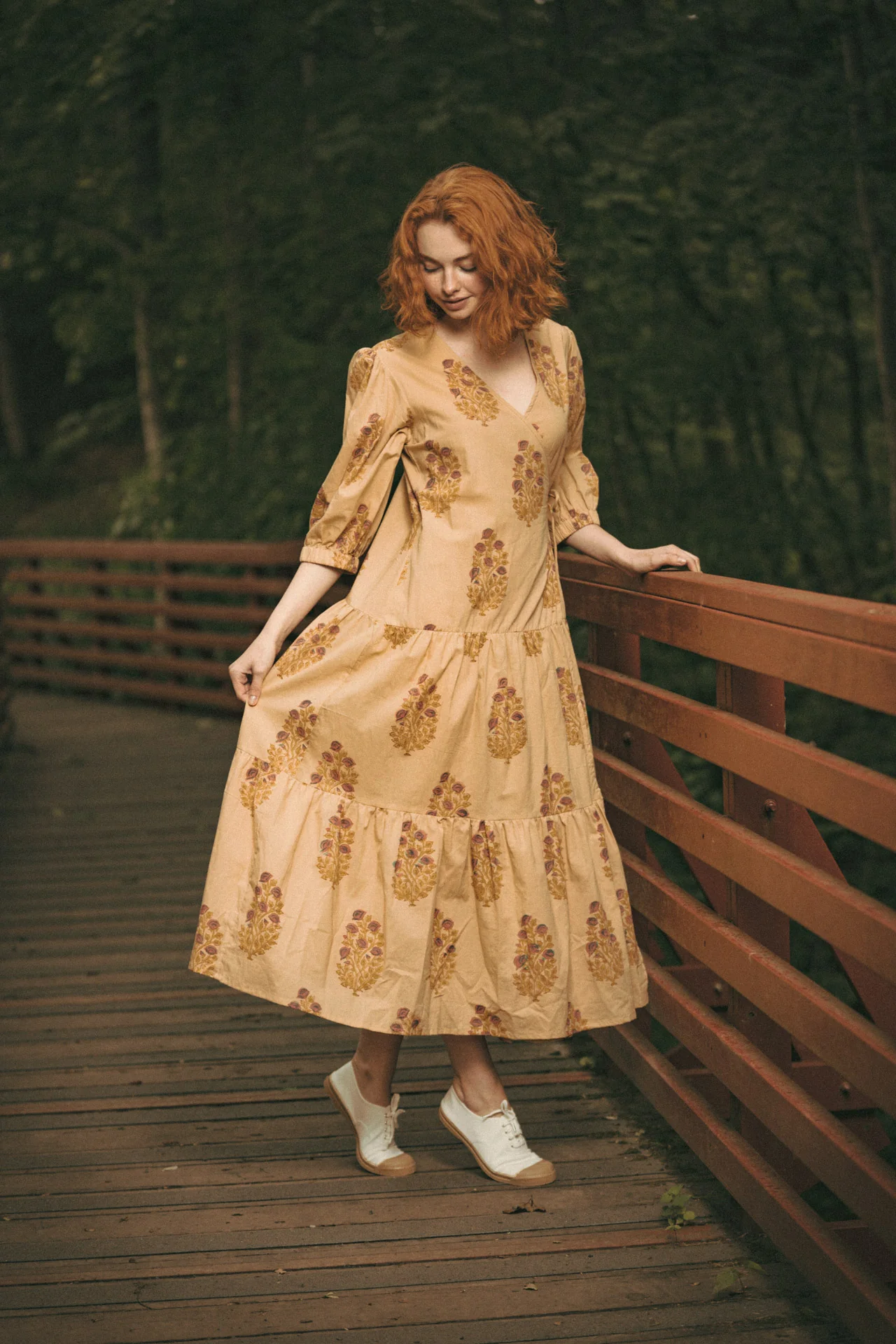 Vashti Yellow Beige Floral Block Printed Wrap Dress - Image 6