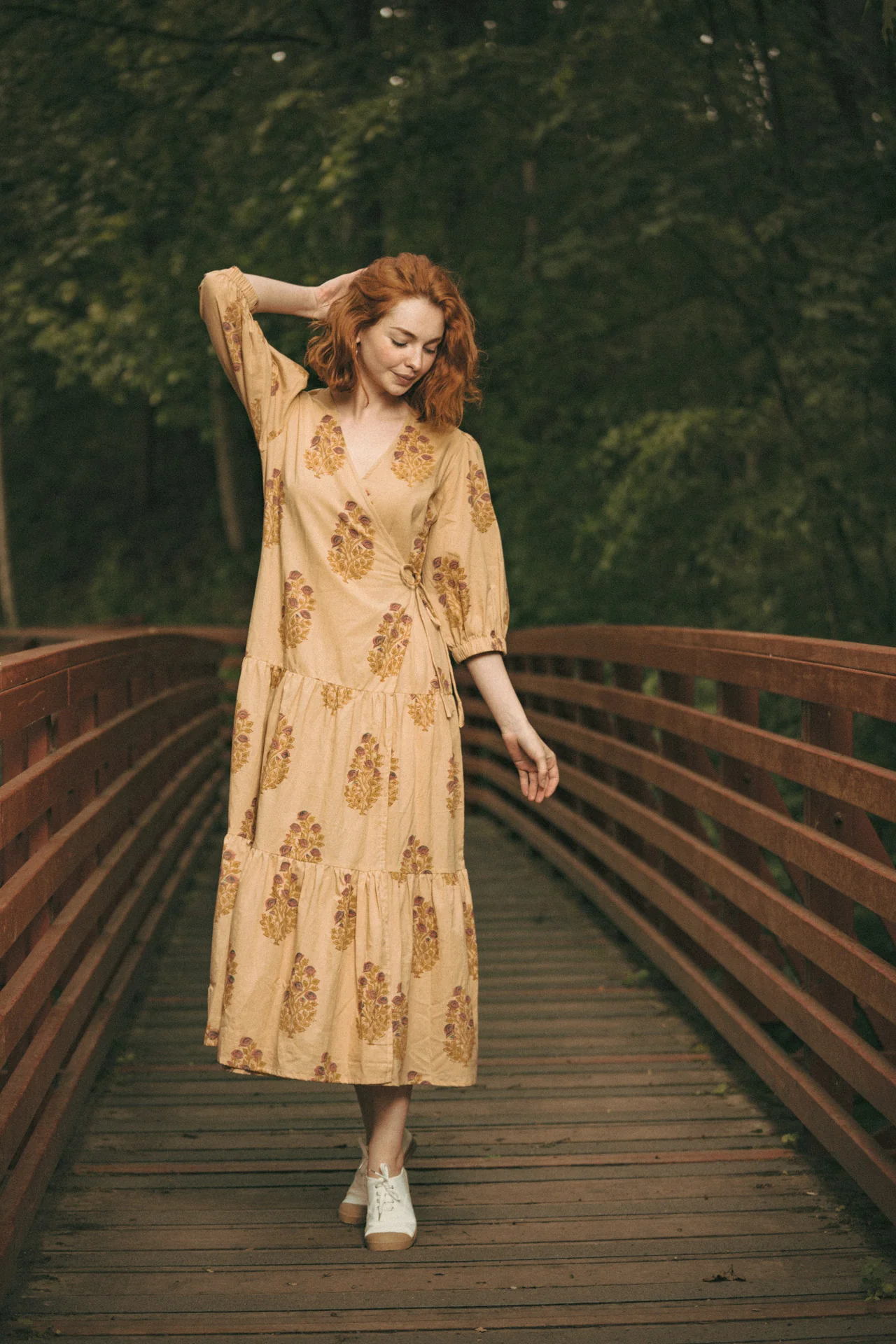 Vashti Yellow Beige Floral Block Printed Wrap Dress - Image 8