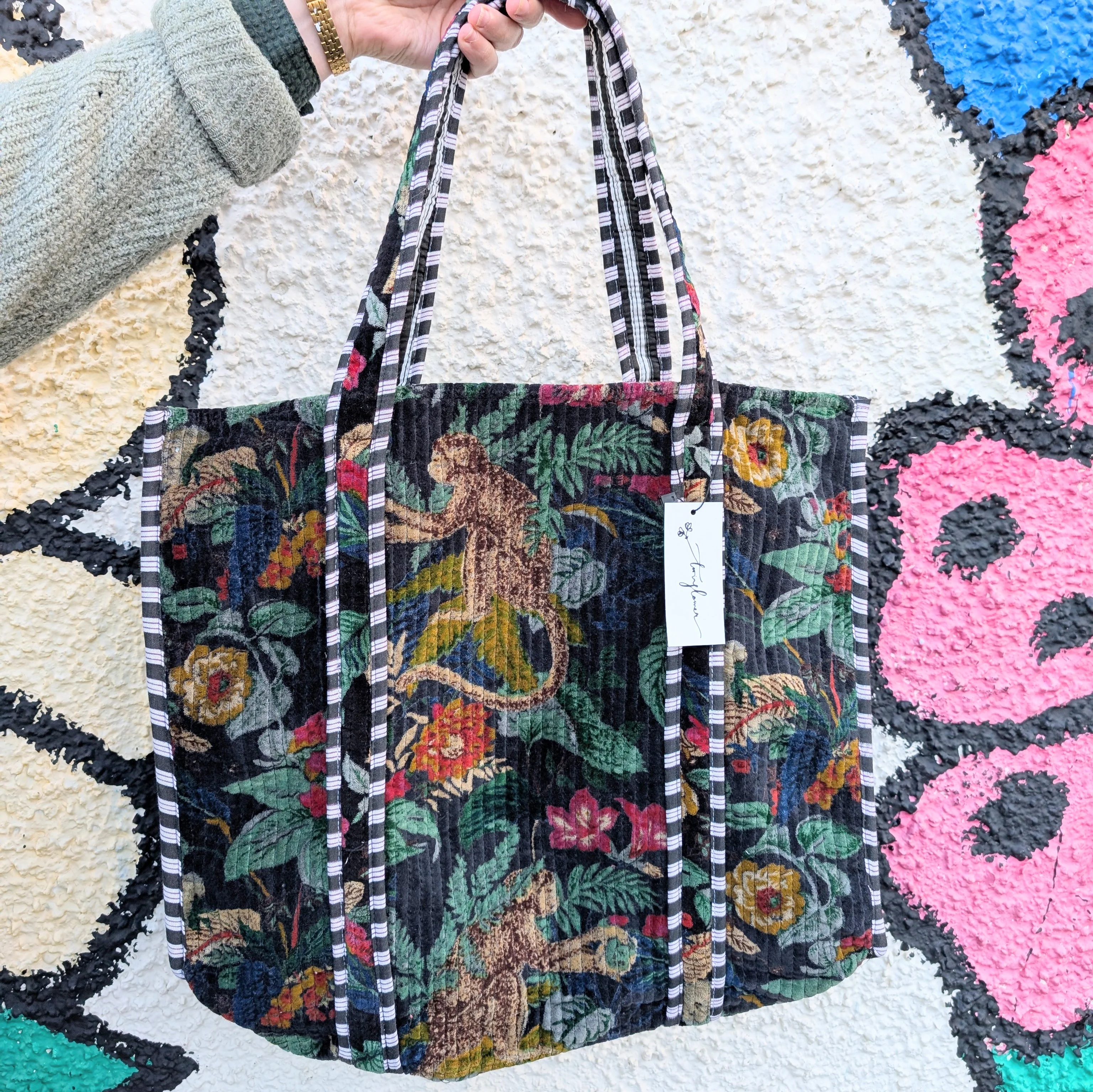 Velvet Quilted Tote Bag- Jungle Black