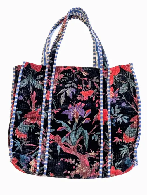Velvet Quilted Tote Bag- Navy Blue Paradise