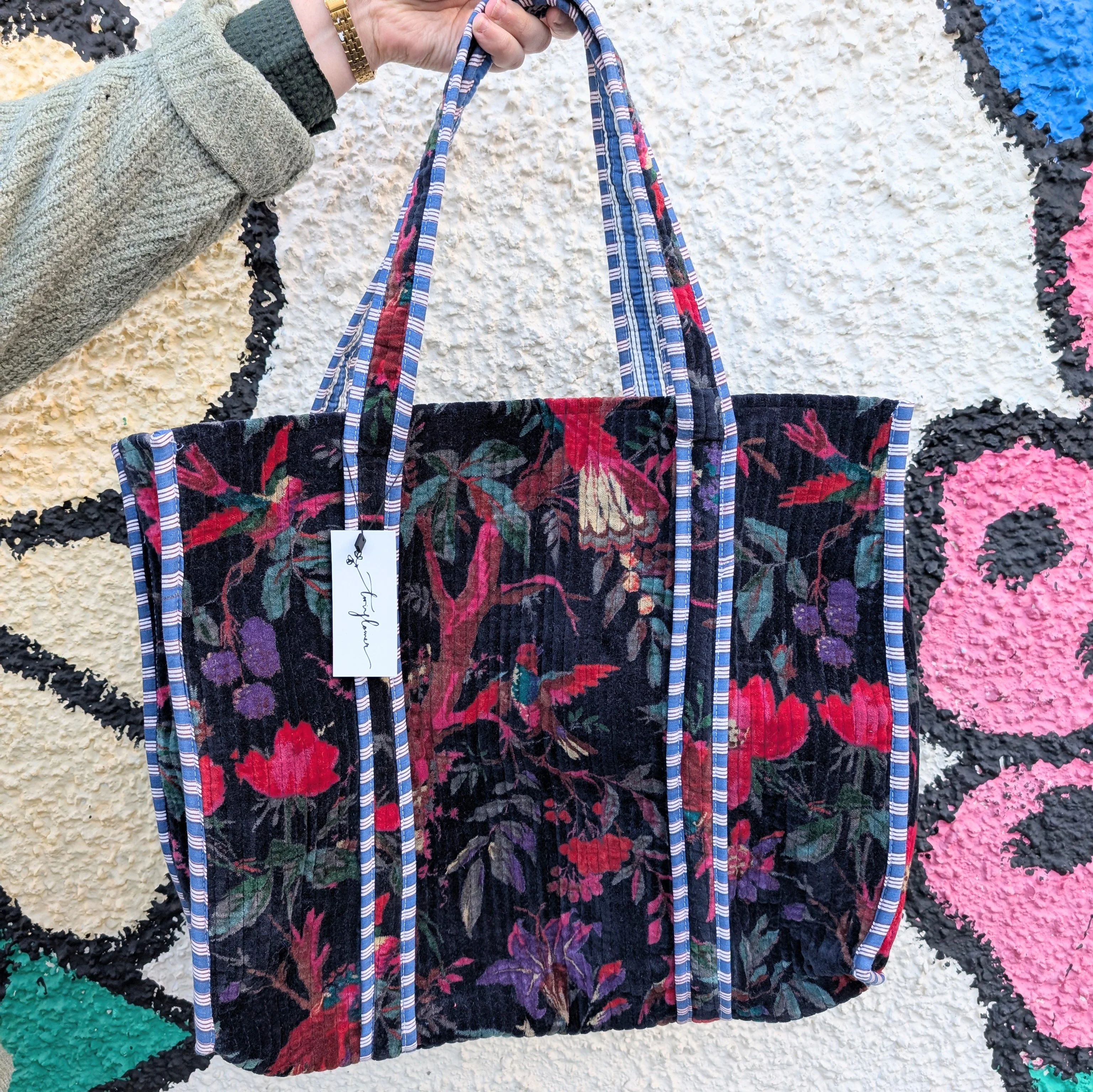 Velvet Quilted Tote Bag- Navy Blue Paradise - Image 2