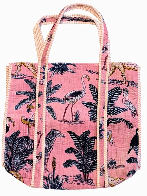 Velvet Quilted Indian Tote Bag- Pale Pink Leopard