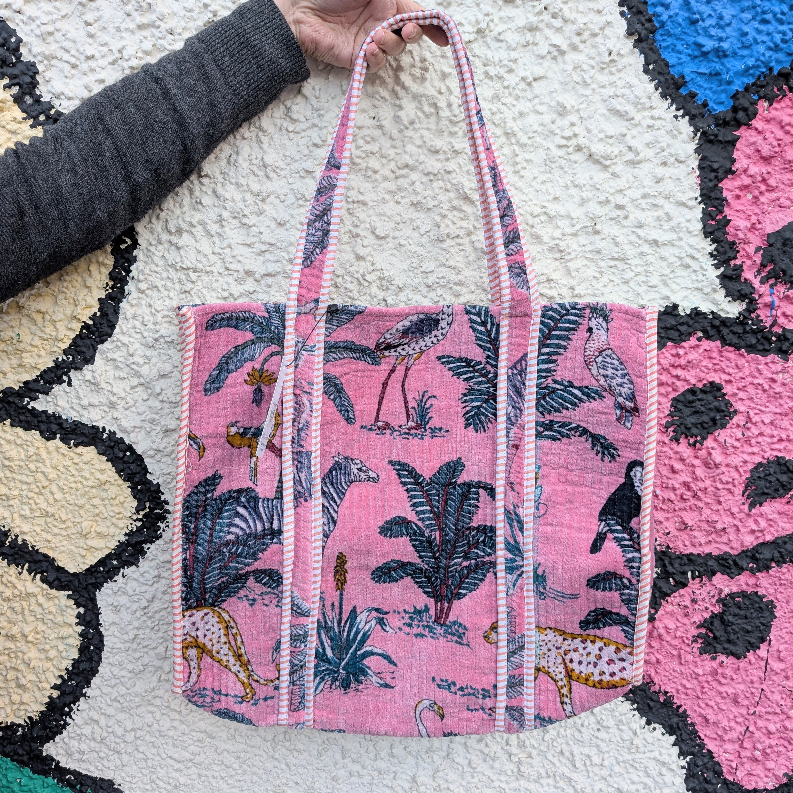 Velvet Quilted Indian Tote Bag- Pale Pink Leopard - Image 2