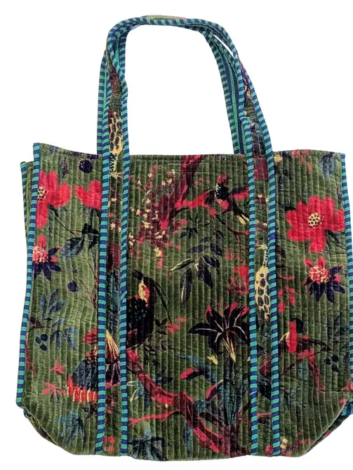 Velvet Quilted Indian Tote Bag -Paradise Green