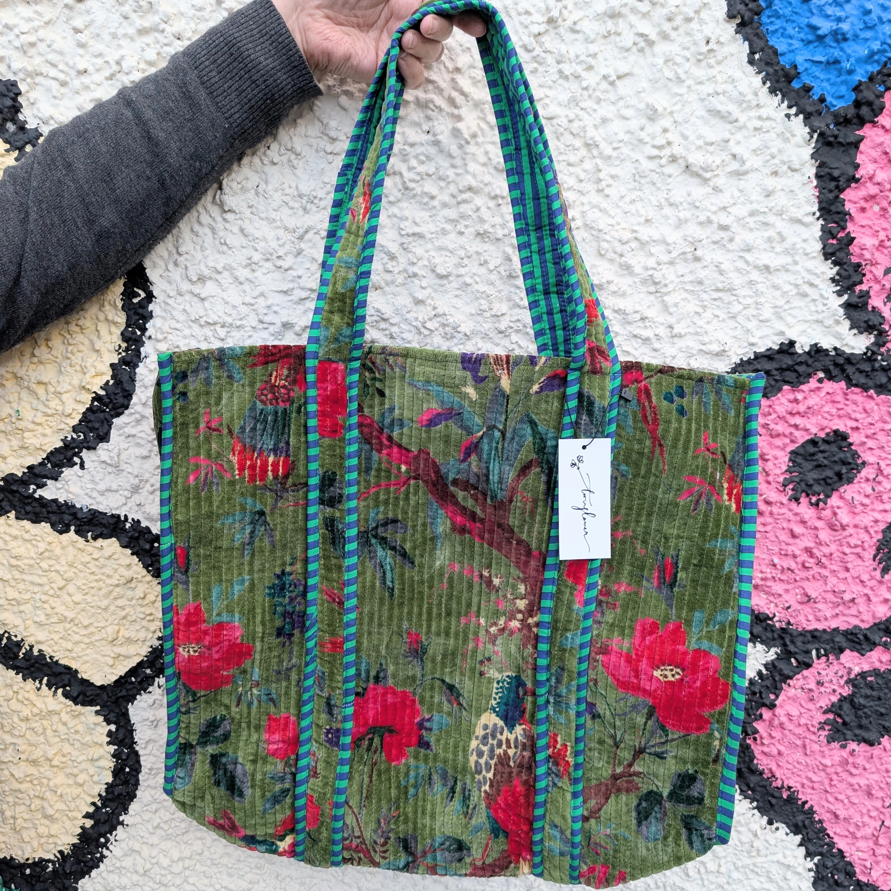 Velvet Quilted Indian Tote Bag -Paradise Green - Image 2