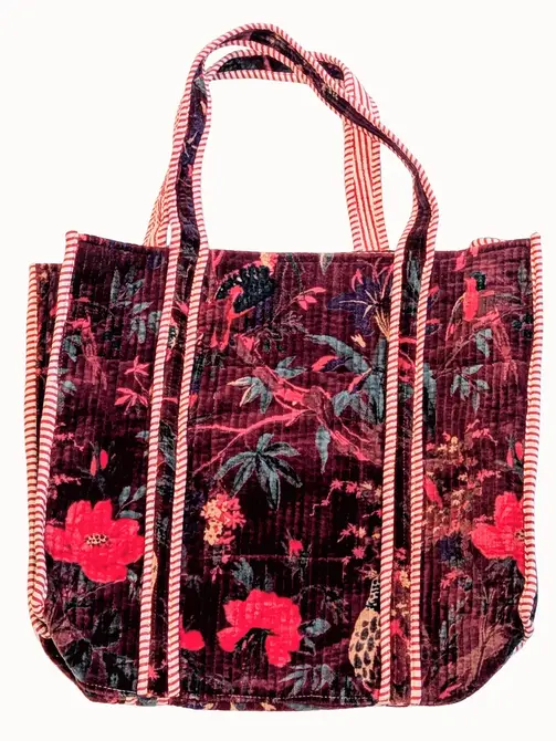 Velvet Quilted Indian Tote Bag -Paradise Merlot