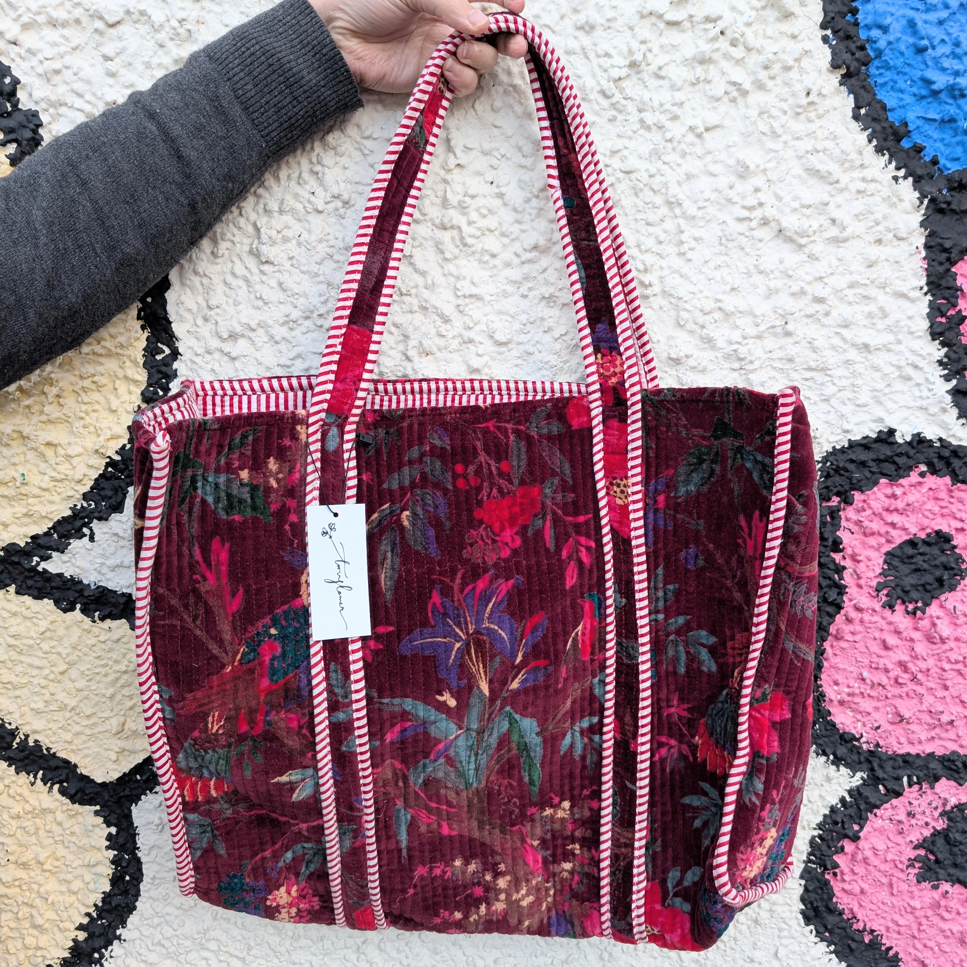 Velvet Quilted Indian Tote Bag -Paradise Merlot - Image 2