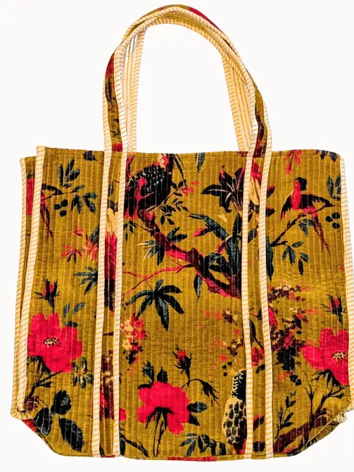 Velvet Quilted Indian Tote Bag -Paradise Mustard