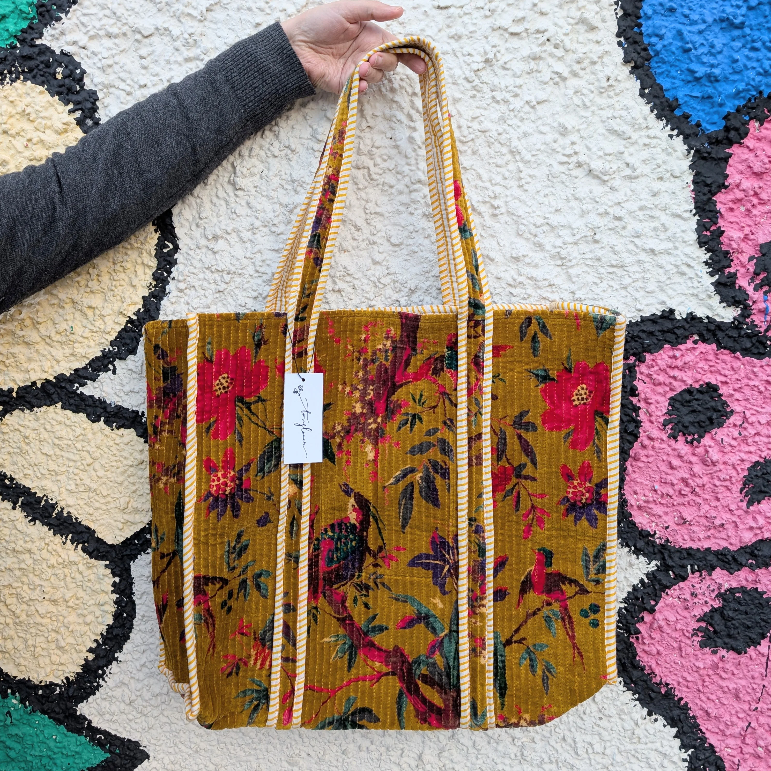 Velvet Quilted Indian Tote Bag -Paradise Mustard - Image 2