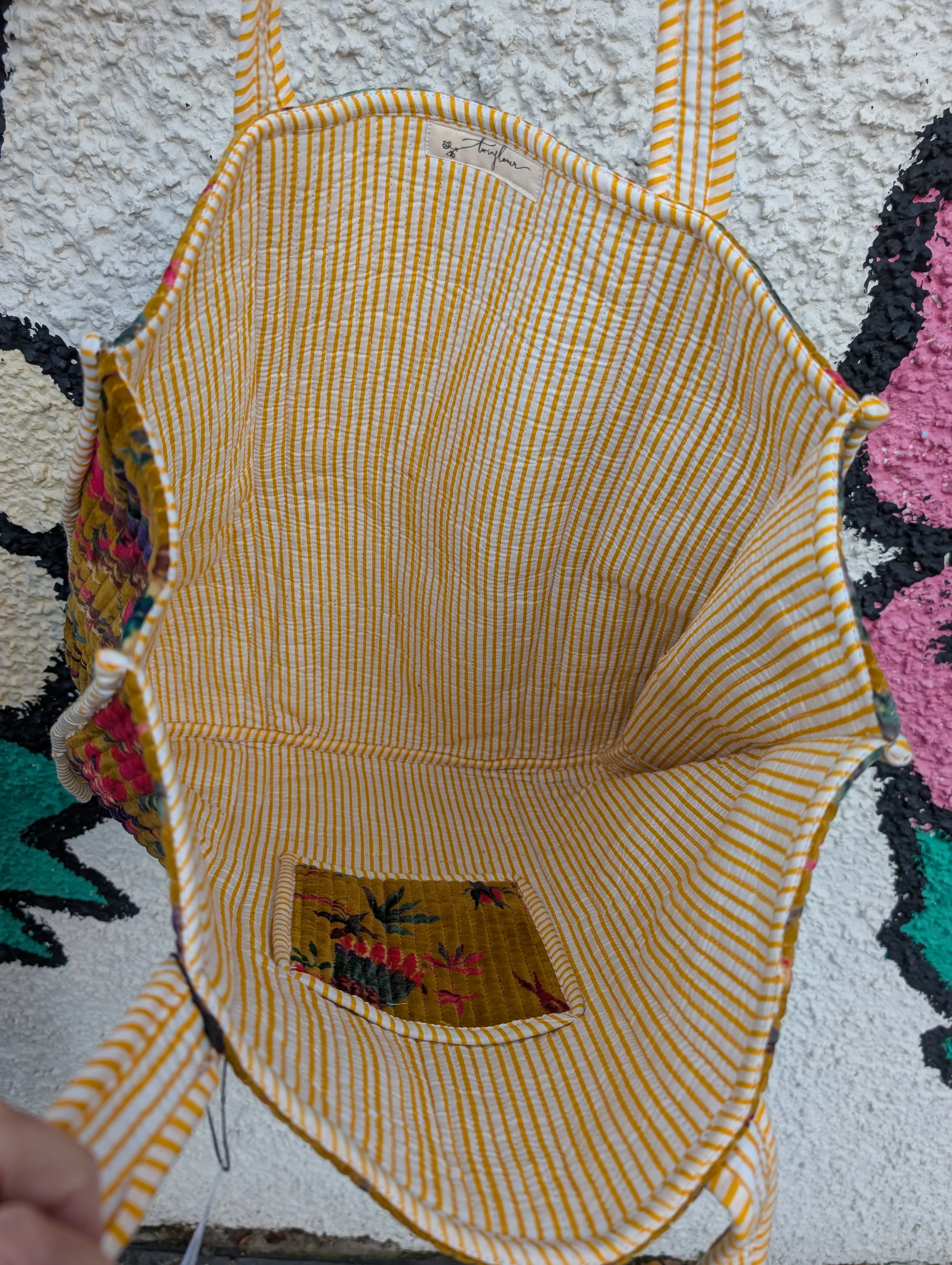 Velvet Quilted Indian Tote Bag -Paradise Mustard - Image 3