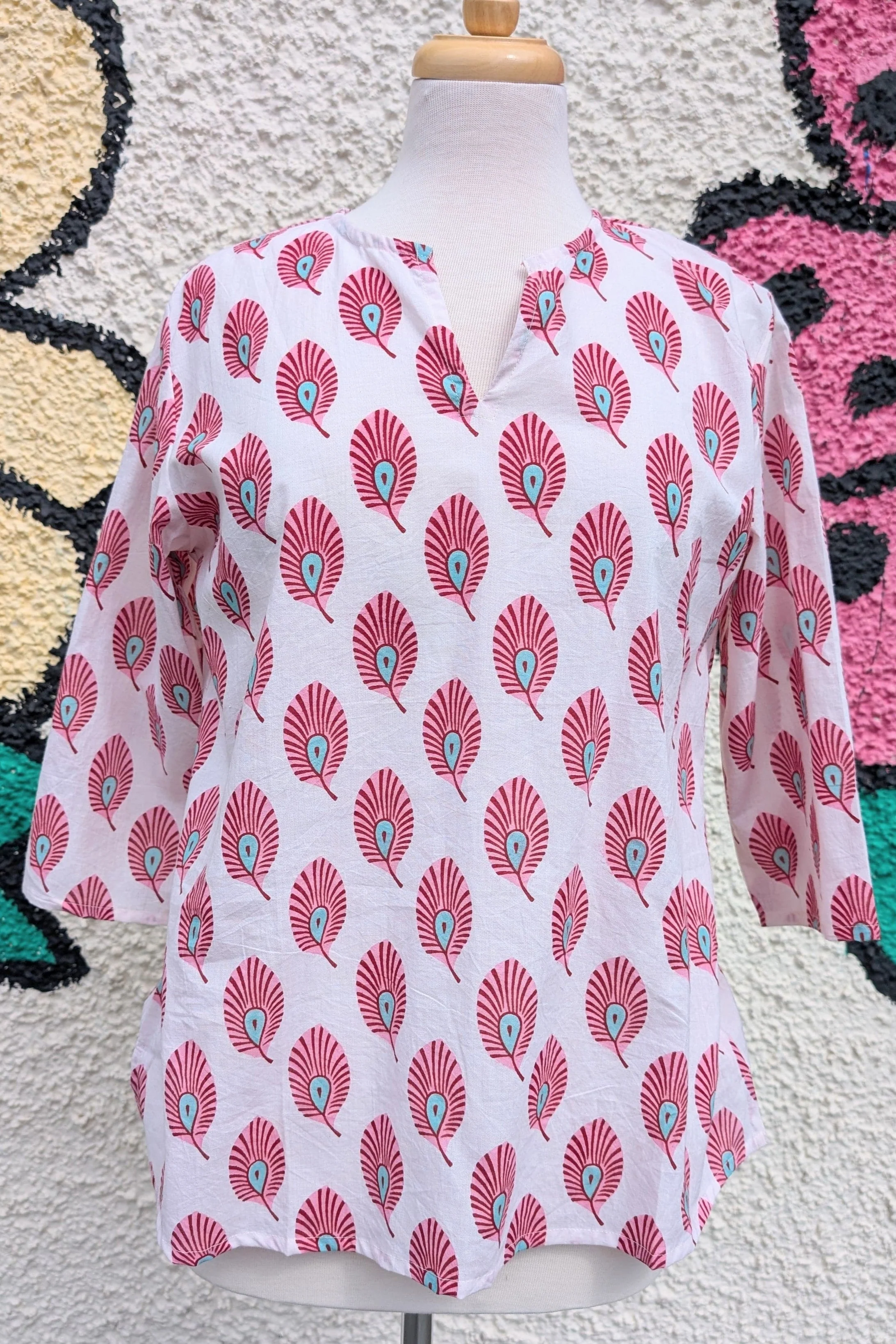 Marianne White Pink Feather Block Print Cotton Blouse