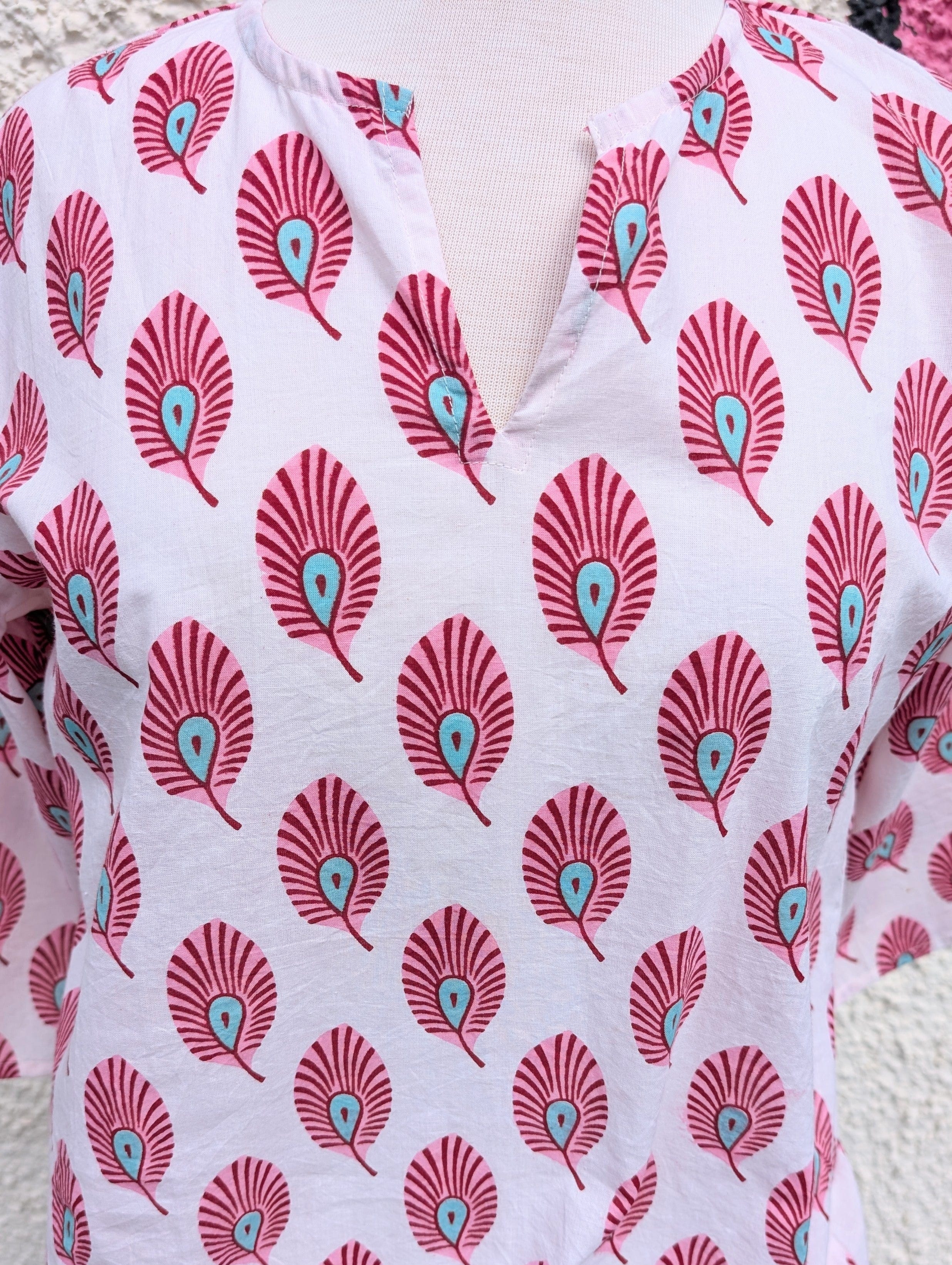 Marianne White Pink Feather Block Print Cotton Blouse - Image 2