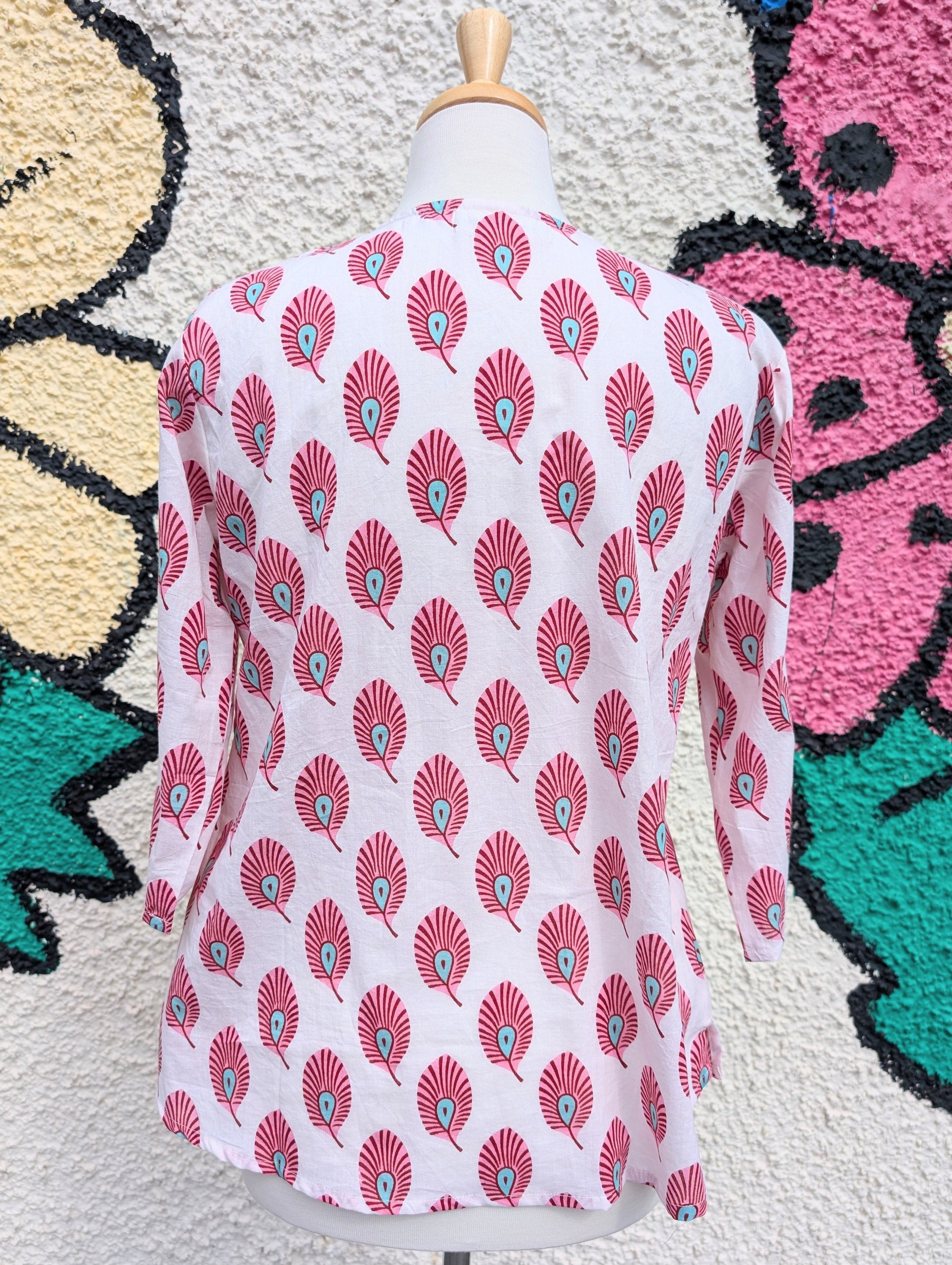 Marianne White Pink Feather Block Print Cotton Blouse - Image 3