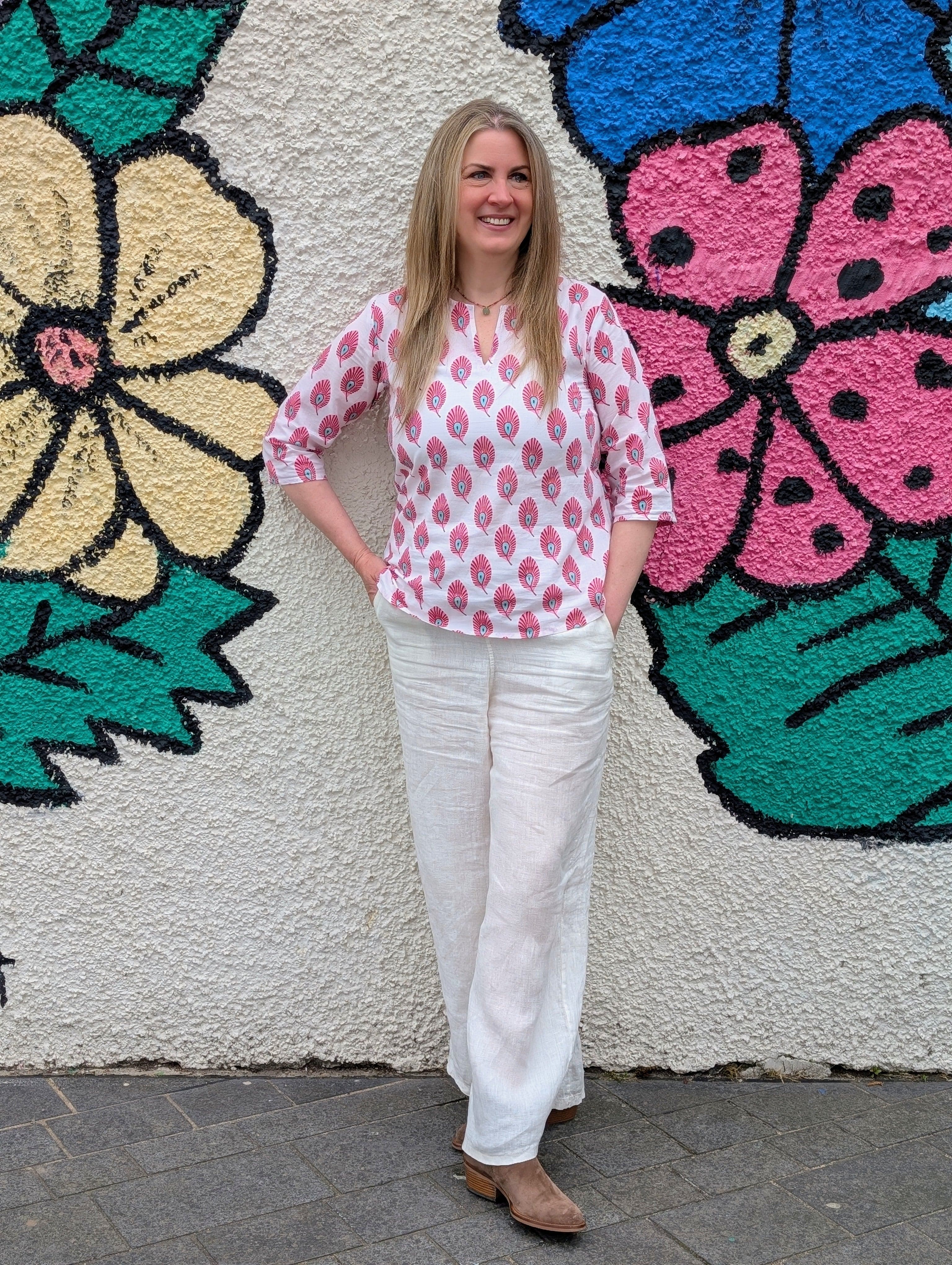 Marianne White Pink Feather Block Print Cotton Blouse - Image 4