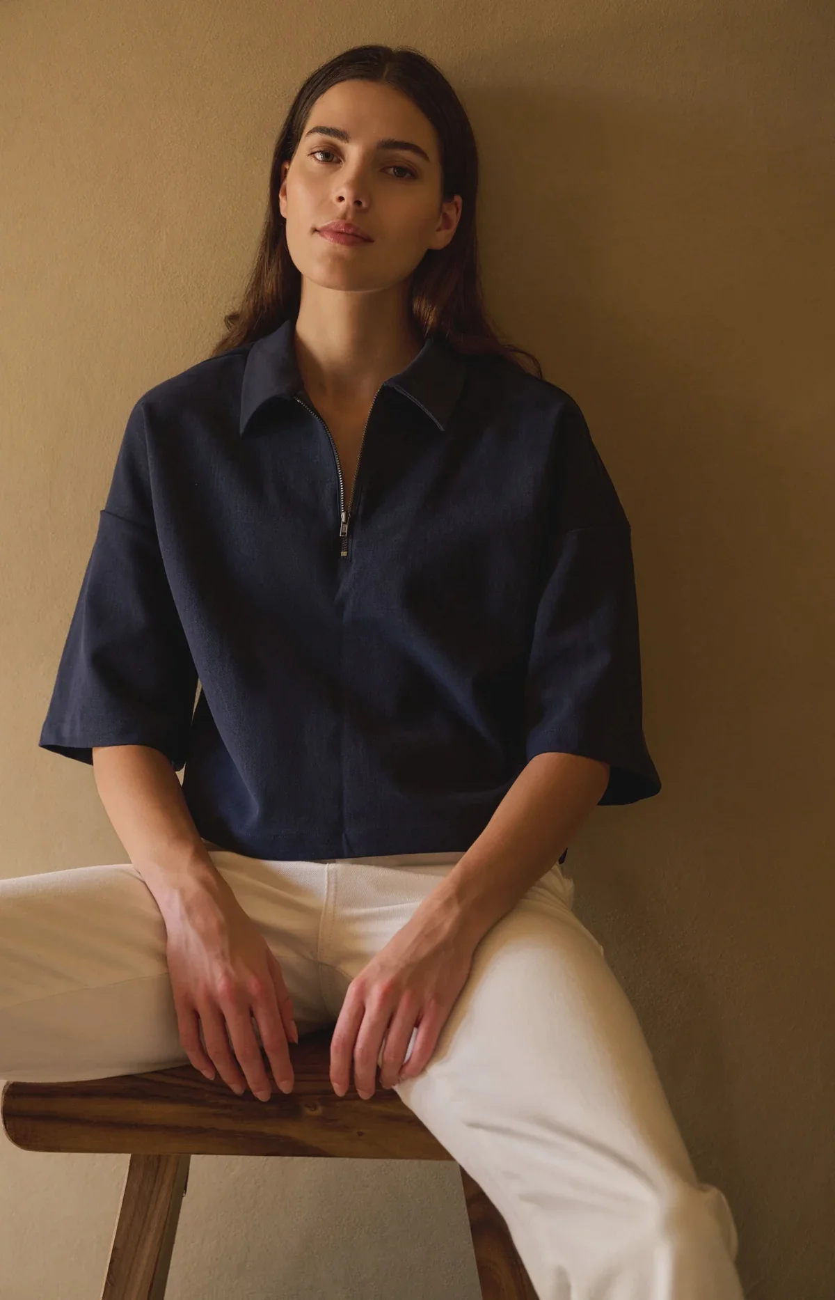 Yaya Polo Top with Half Zip Navy