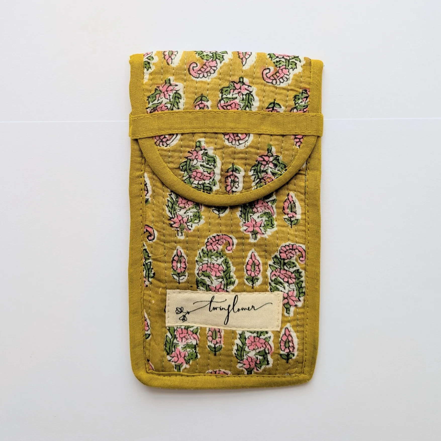 Yellow & Pink Flower Block Print Quilted Glasses Case